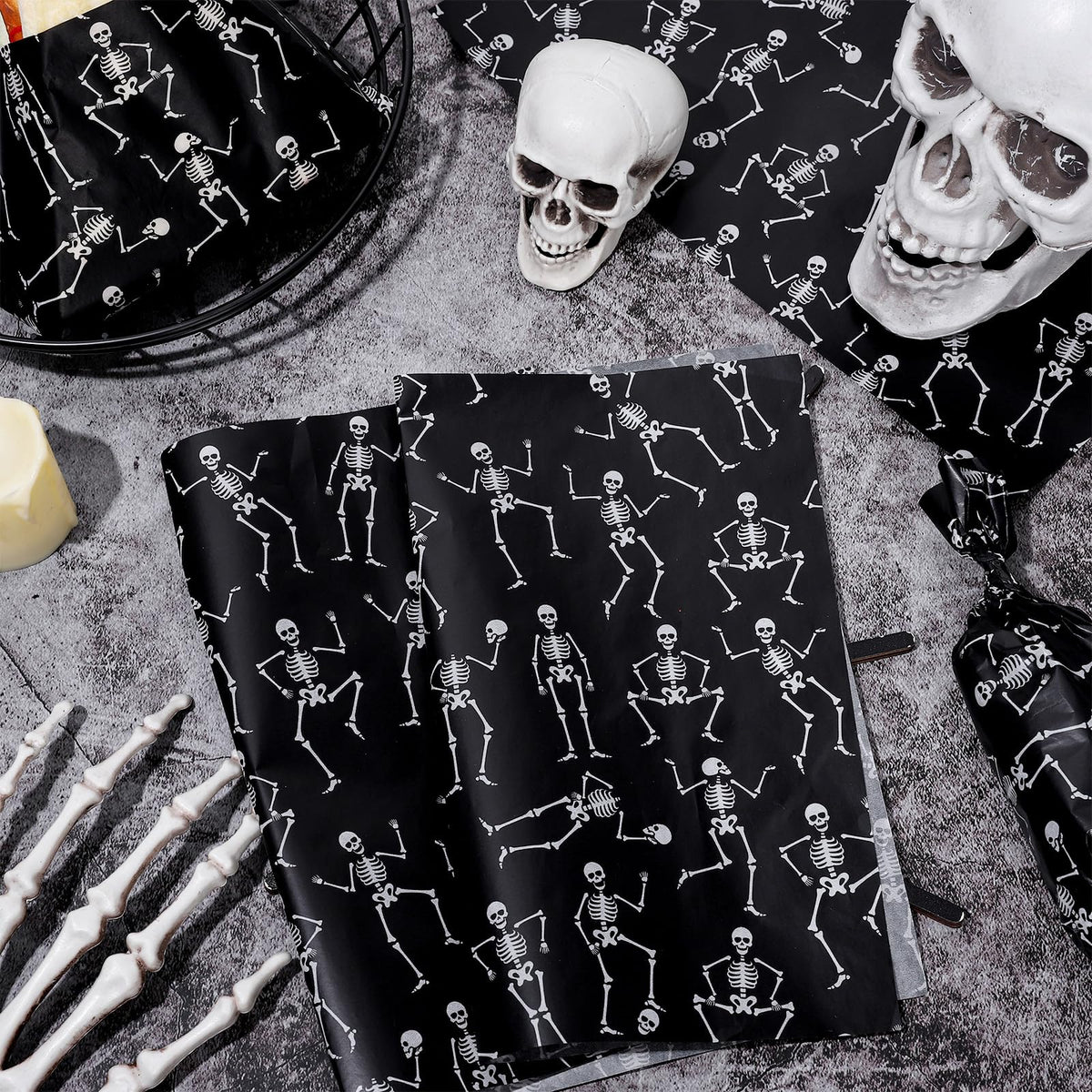 JarThenaAMCS 240Pcs Halloween Skeleton Wax Paper Sheet Black White Skeleton Deli Paper Food Wrapping Paper Waterproof Oil Proof Paper Liners for Party Picnic Kitchen Baking Supplies, 9.8 x 8.3 Inch