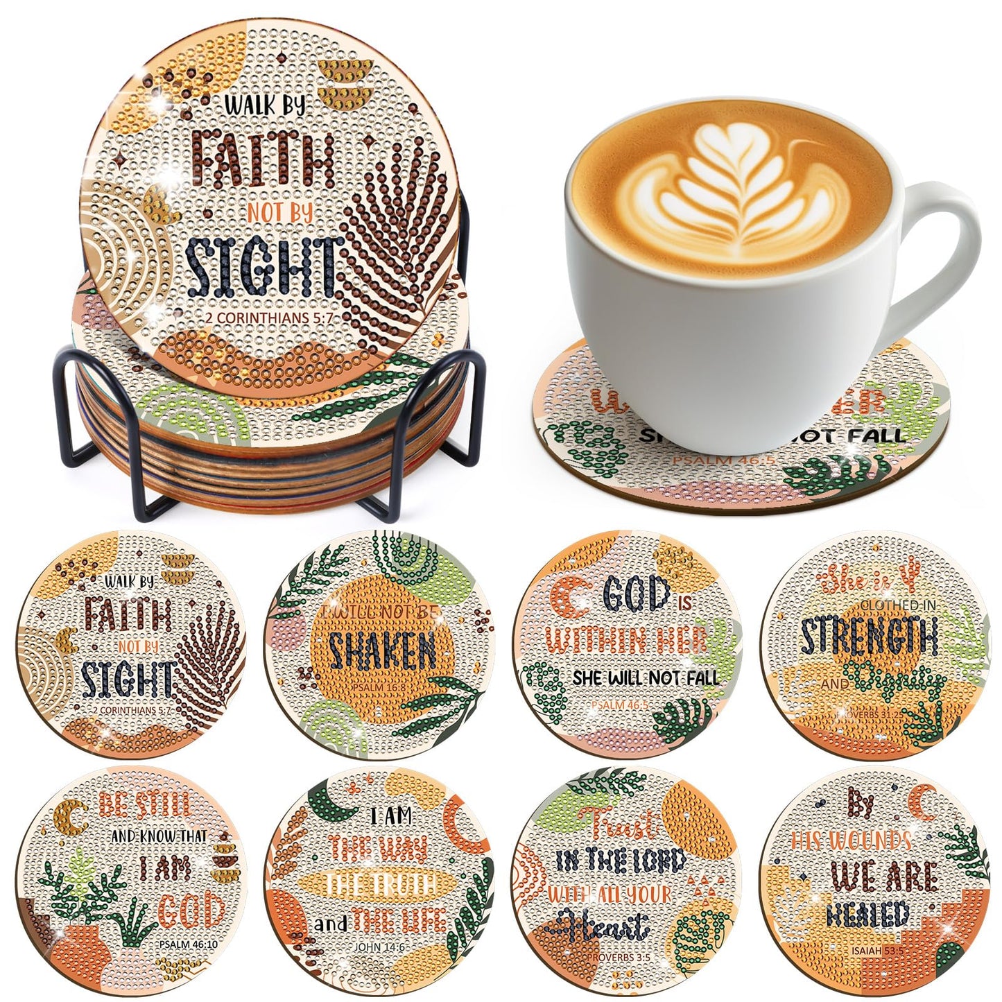 Christian Diamond Art Coasters - 8 Pcs Religious Diamond Painting Coasters Kit for Adult, Bohemian 3D Rhinestone Gem Art DIY Craft Kit for Women
