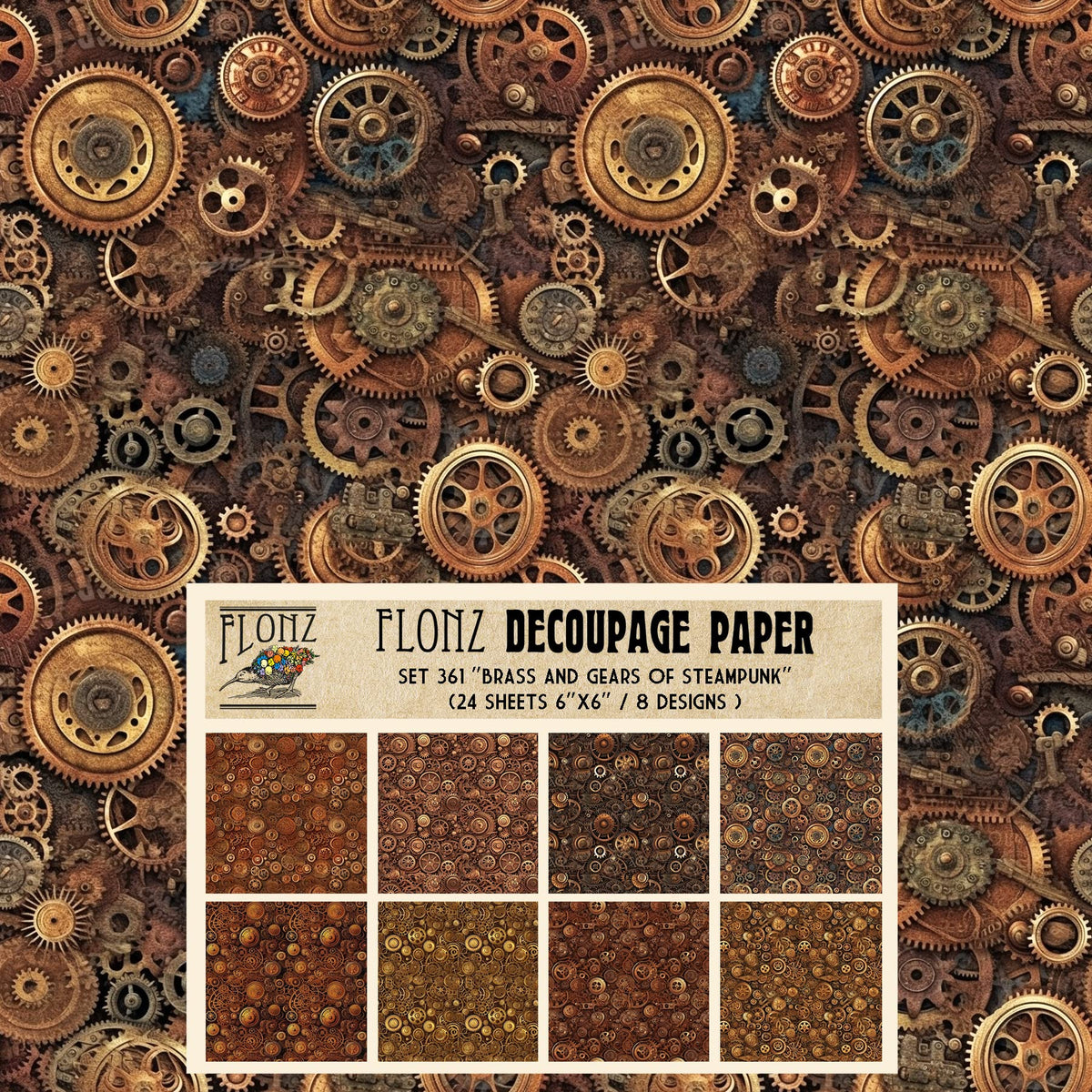 Decoupage Paper Pack (24 Sheets 6"x6") of Steampunk Brass Gears # Vintage Styled Pattern Paper for Decoupage, Craft and Scrapbooking