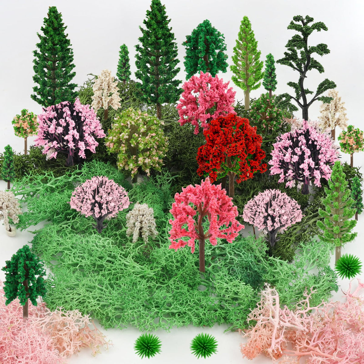 QUOZUO 36 Pcs Mixed Model Trees with 40g Moss Pink and Green, Diorama Trees Grass Mini Fake Miniature Trees Moss for Building Model, Model Train Scenery, Natural Green Landscape, Railroad Scenery