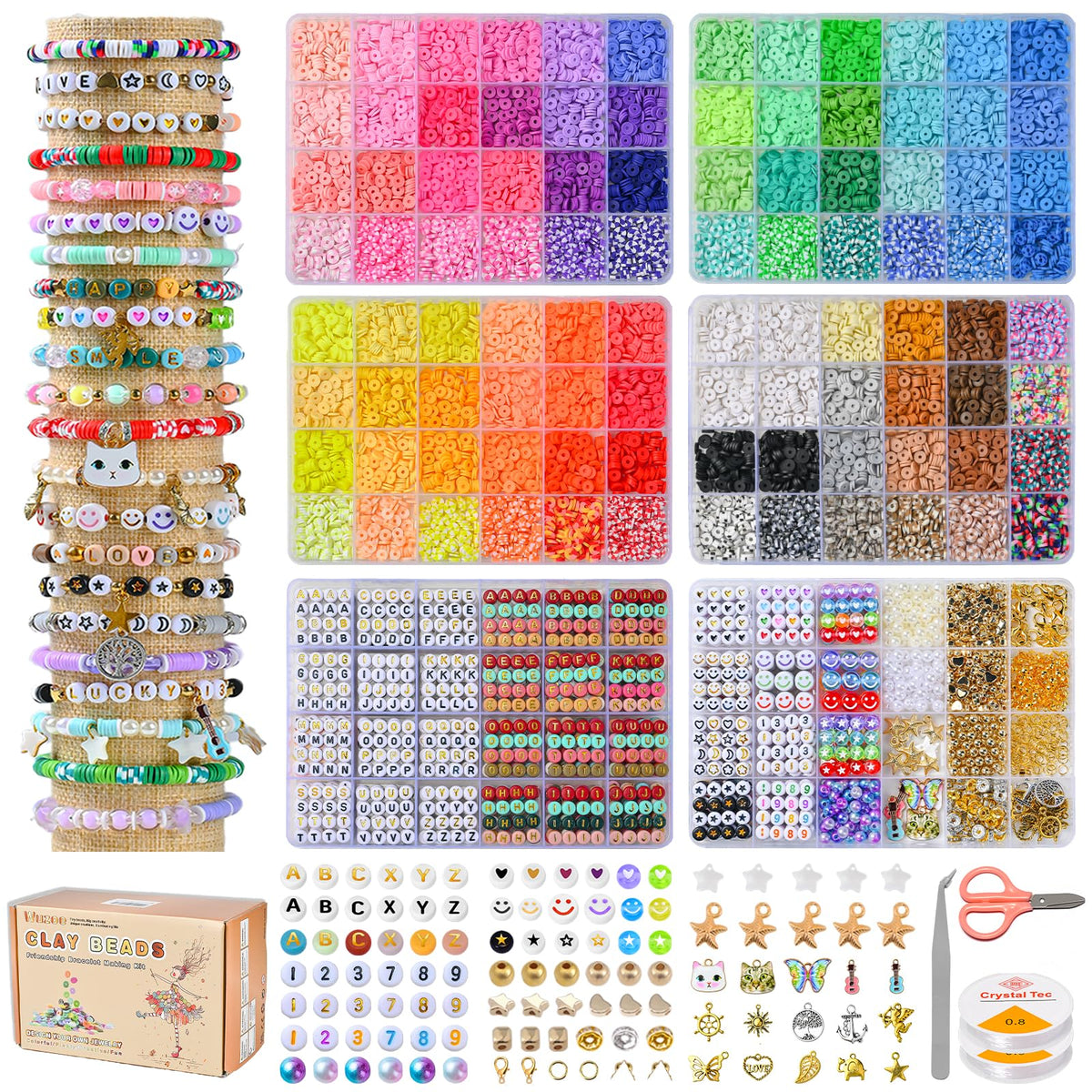 wuzoe Friendship Bracelet Kit, 16888pcs, 96 Colors Polymer Clay Beads & 1200 Letter Beads，Bracelet Making Kit for DIY Jewelry Making&Friendship Bracelet Making