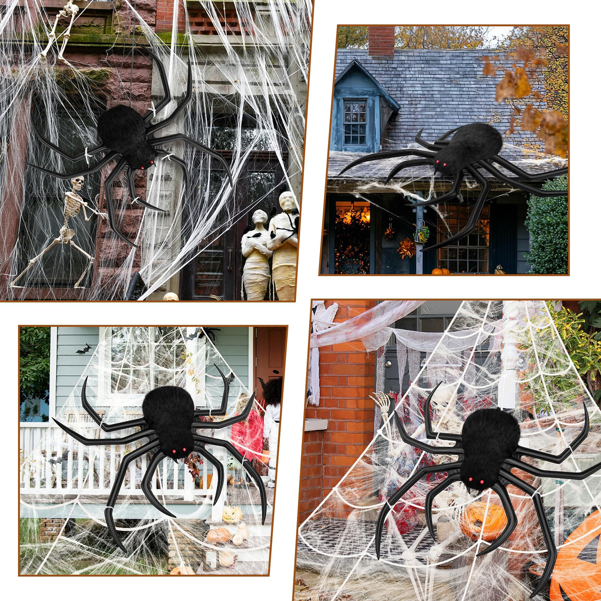 Halloween Decorations Spider Web, 40'' Inflatables Giant Spider + 200'' Triangular Giant Spider Web + 20G Spider Web, Scary Hairy Fake Halloween Spiders Props for Indoor Outdoor Party Halloween Yard.