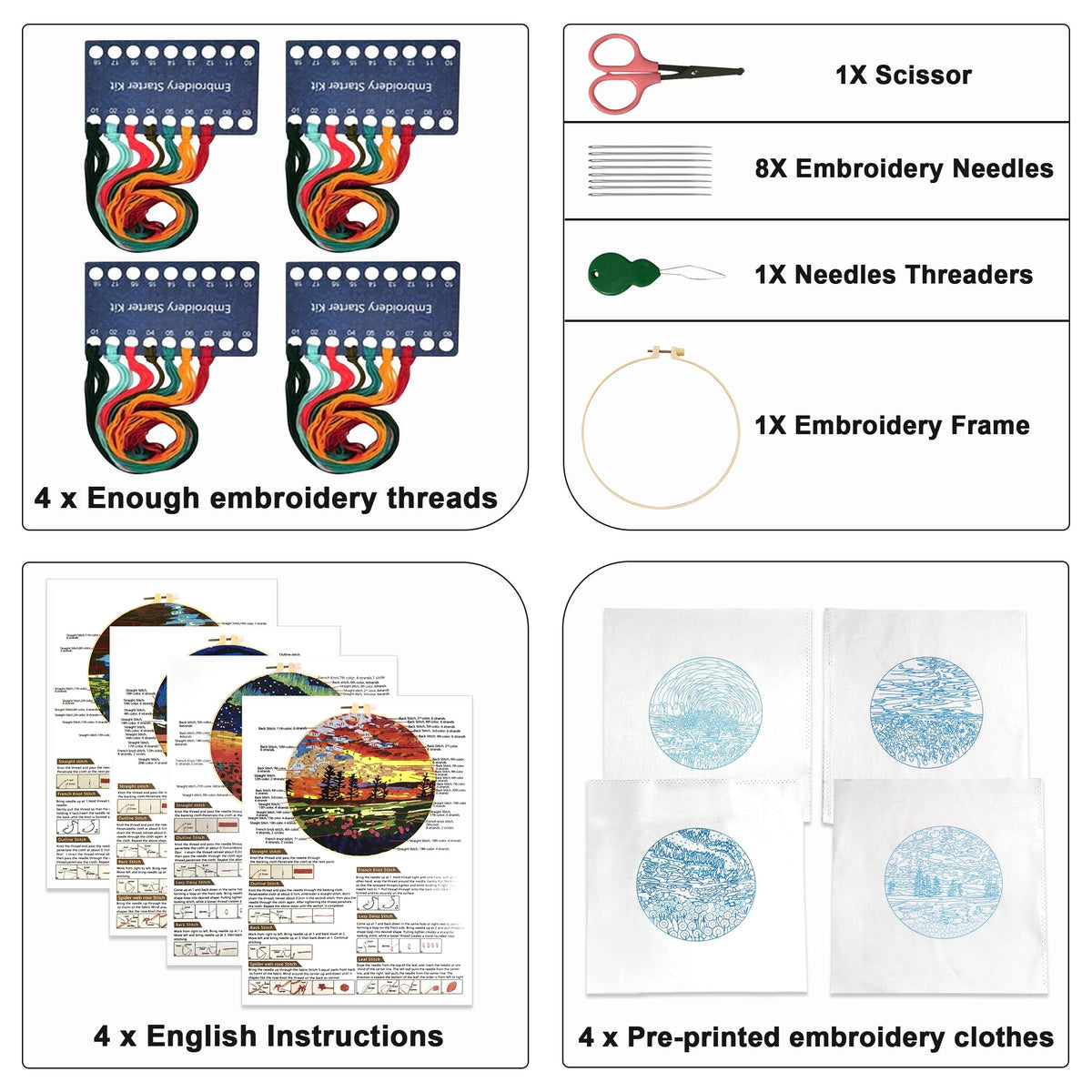 Maydear 4 Pack Embroidery Starter Kit with Pattern, Stamped Cross Stitch Kits for Beginners Adults with Embroidery Hoop and Instructions, Hand Embroidery Kit (Embroidery kit flower2)