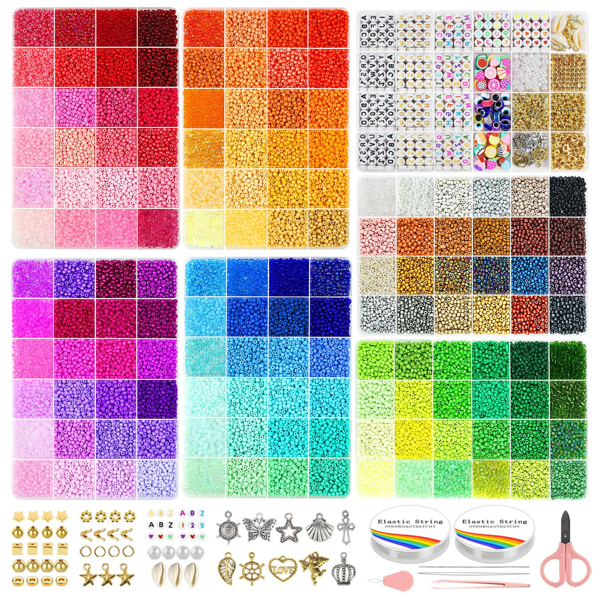 Redtwo 3mm 45000pcs Glass Seed Beads Kit, 7 Boxes 144 Colors Small Beads for Bracelets, Friendship Bracelet Kit with Charms and Letters