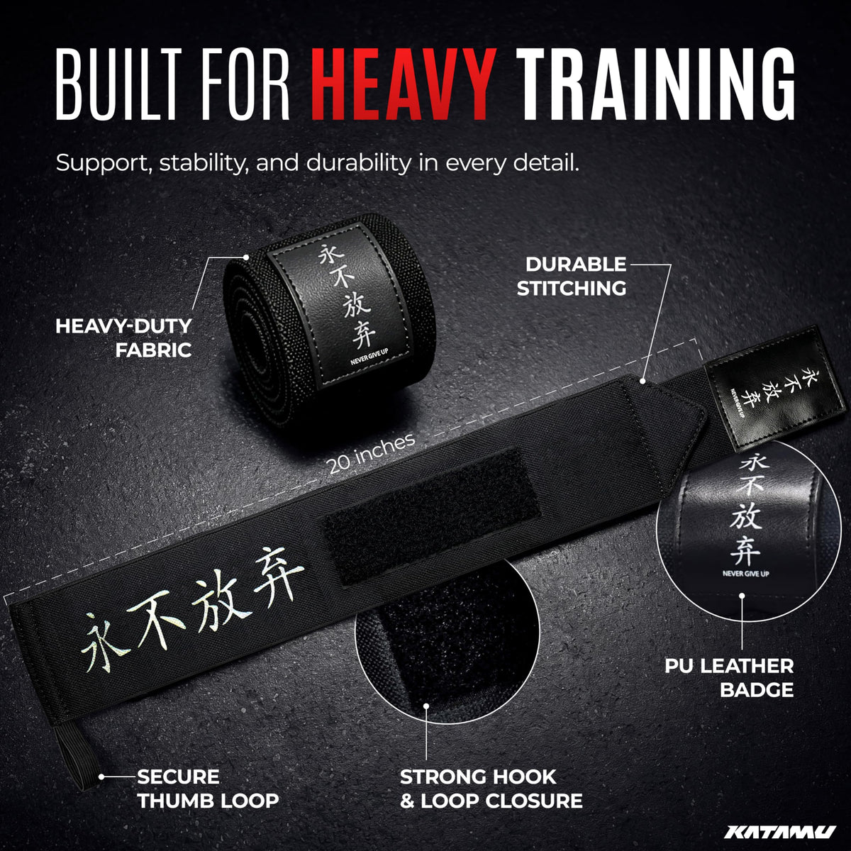 Katamu Never Give Up Premium Wrist Wraps for Weightlifting — 18 Inch Cotton Wrist Support with Thumb Loop for Powerlifting, Bodybuilding and Bench Press, Pair