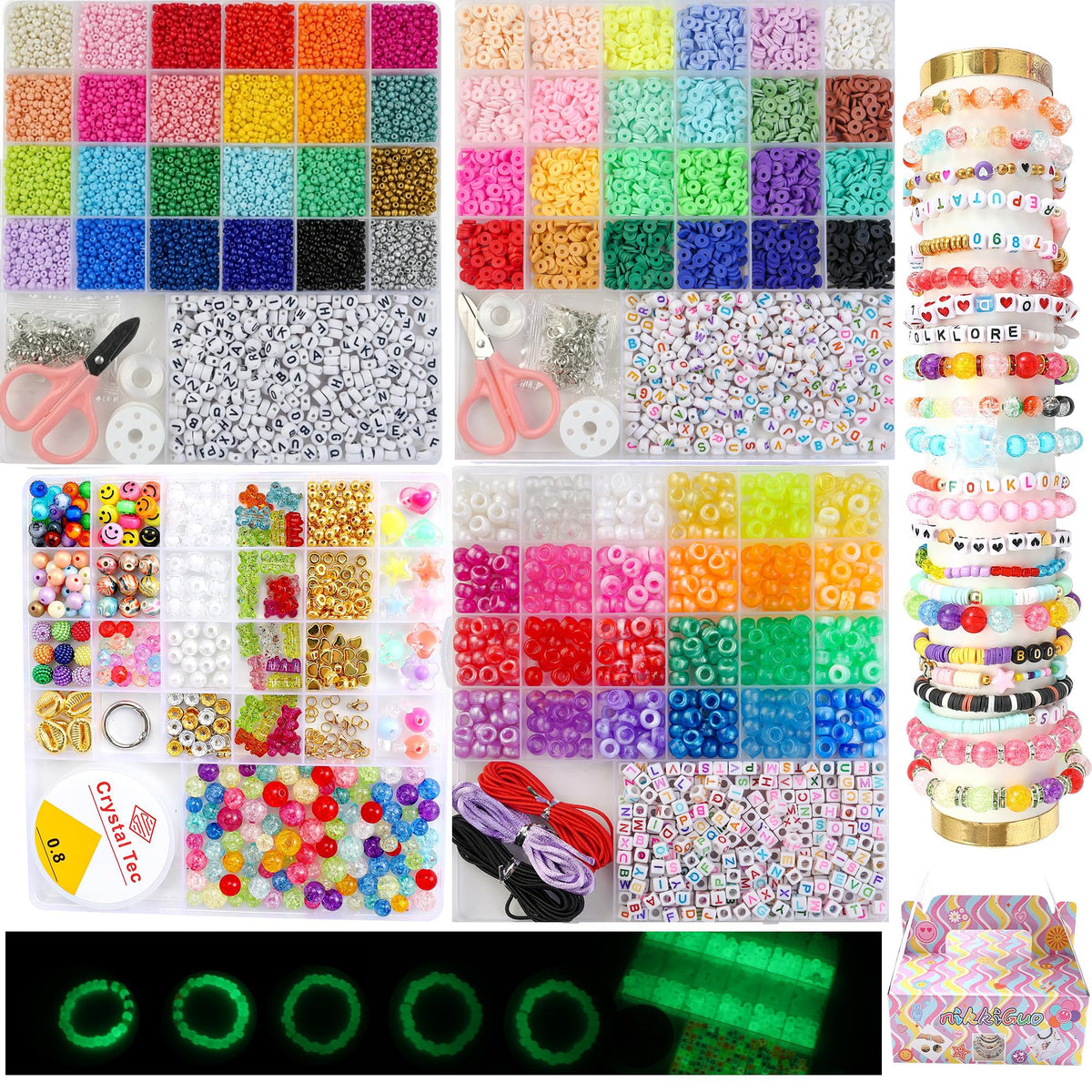 nikkiGuo 6380 PCS Jewelry Making Kit – 24 Colors Seed Beads, 24 Colors Clay, UV Color Changing & Glow Pony, Letter, Mixed Charms, Tools,Gift Box for DIY Bracelets