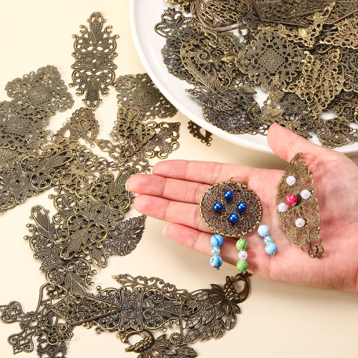 Luinabio 120 Pieces Filigree Connectors Charms Pendants Decoration Tibetan Metal Filigree Findings Embellishments for DIY Hairpin Necklace Earring Jewelry Making(Bronze,Fresh Style)
