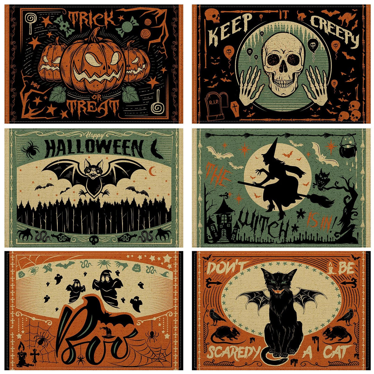 Umigy 6 Pcs Halloween Placemats 12"x18" Gothic Bat Placemats Kitchen Decoration Washable Witch Place Mats Rectangle Skull Table Mats for Halloween Dining Table Accessories(Scary)