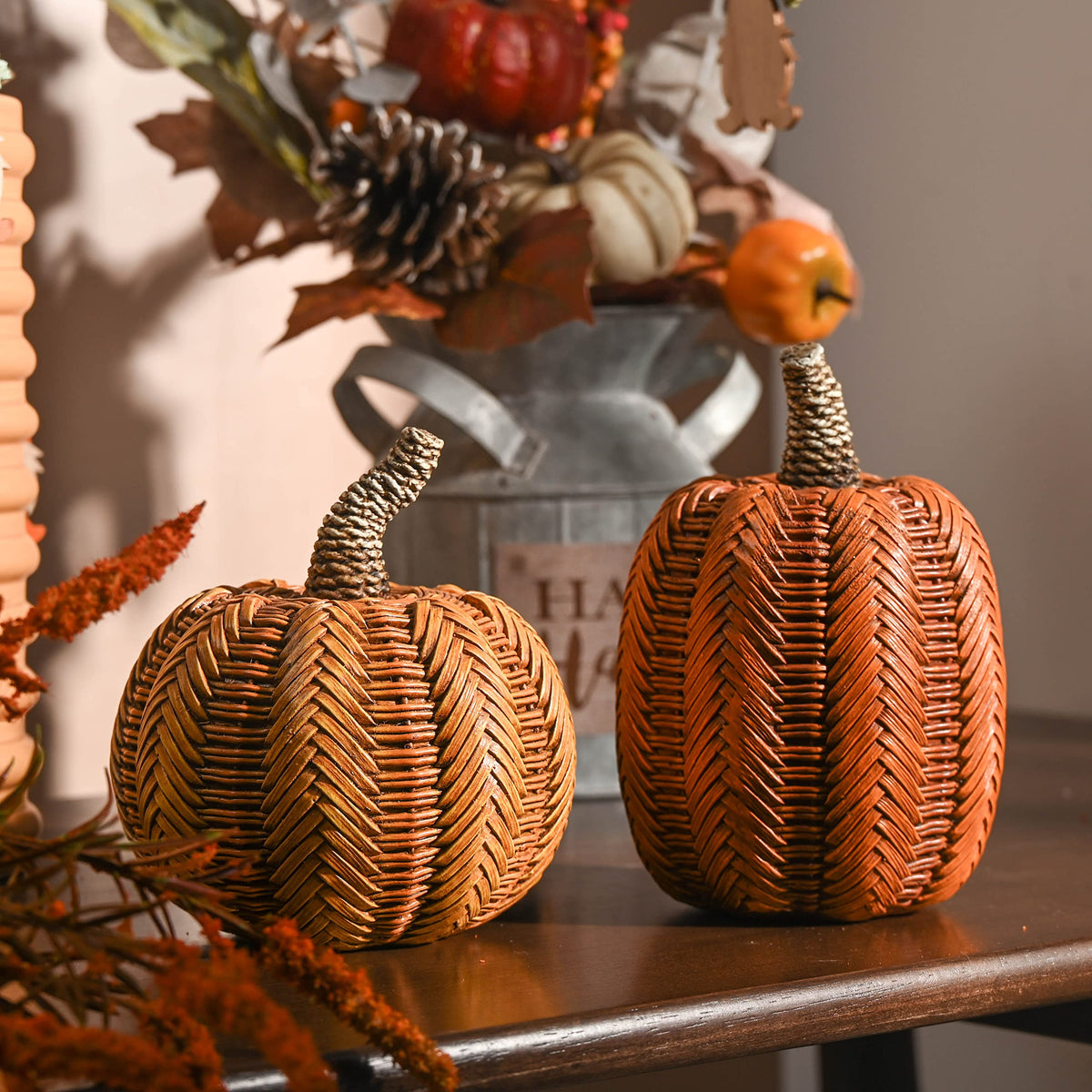 Valery Madelyn Thanksgiving Fall Decoration for Home Pumpkin Decor, 2pcs Resin Statue Artificial Rattan Pumpkins Figurine, Autumn Harvest Halloween Table Centerpieces, 6.2 inch