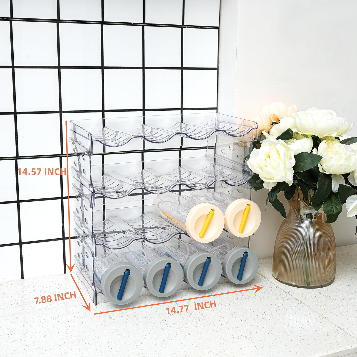 IEEK Plastic Stackable Bottle Storage Holder Rack Holds 16 Bottles,Free-Standing Water Bottle/Wine and Drink Organizer Shelf for Kitchen Cabinet,Fridge,Countertop,Pantry,Freezer,4 PackX4 Bottles,Clear