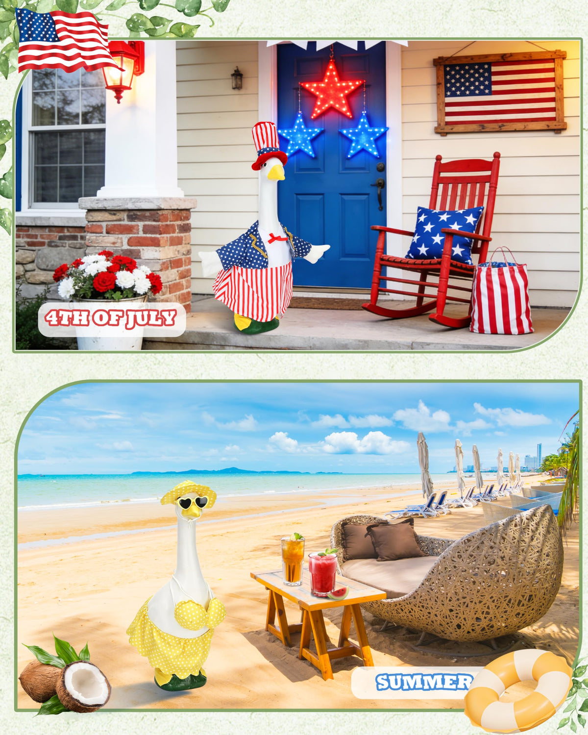 8 Set Holiday Porch Goose Outfits, All Seasons Bundle for 4th of July, Fall, Halloween, Christmas Decor, Valentine, St. Patrick's Day, Easter, Summer,Lawn & Indoor Outdoor, Fits 23 Inch (No Goose)