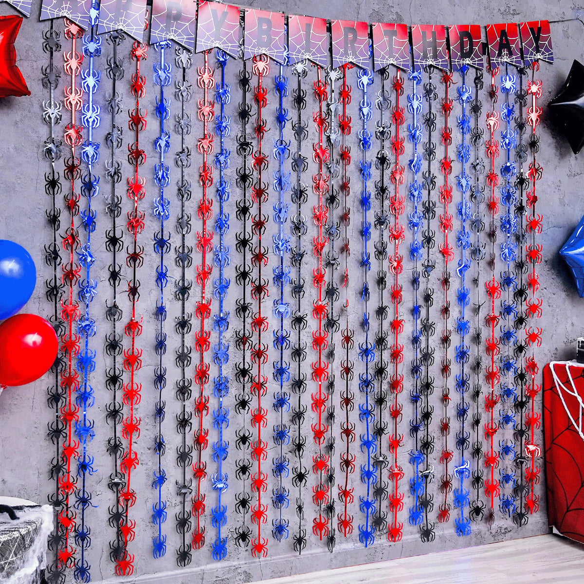 Bupelo Spider Web Birthday Decorations,2 Pack Red Black and Blue Spider Birthday Party Supplies 3.3 x 6.6ft Tinsel Foil Fringe Curtains Photo Booth Props Backdrop Streamers, House Room Decor for Boys