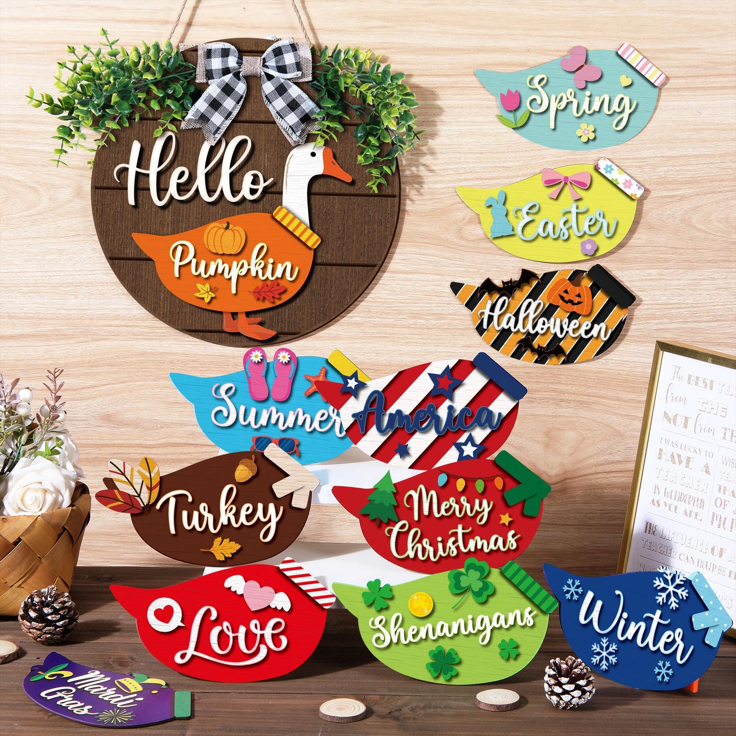 Weysat 13 Pcs Interchangeable Wooden Goose Decor, 11.8 Inch Holiday Seasonal Welcome Changeable Hello Geese Signs Rustic Farmhouse Front Door Round Wreaths Hanging Decorations for Porch Home Outdoor