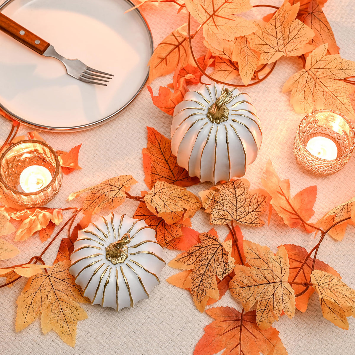 FESTGLOX Fall Pumpkin Decor, 2 PCS Resin Thanksgiving Fake Pumpkin Figurines, White and Gold Pumpkins for Decorating, Fall Decorations for Home, Farmhouse, Harvest Table Centerpiece