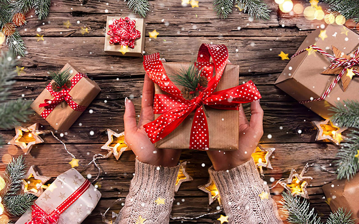 Geefuun 24Pieces Christmas Artificial Pine Needle/Pick Decorations 1 Pack Jute Twine Rope - Xmas Party Gift Wrapping Decor Wreaths Arrangement Tree Ornaments Wedding Supplies