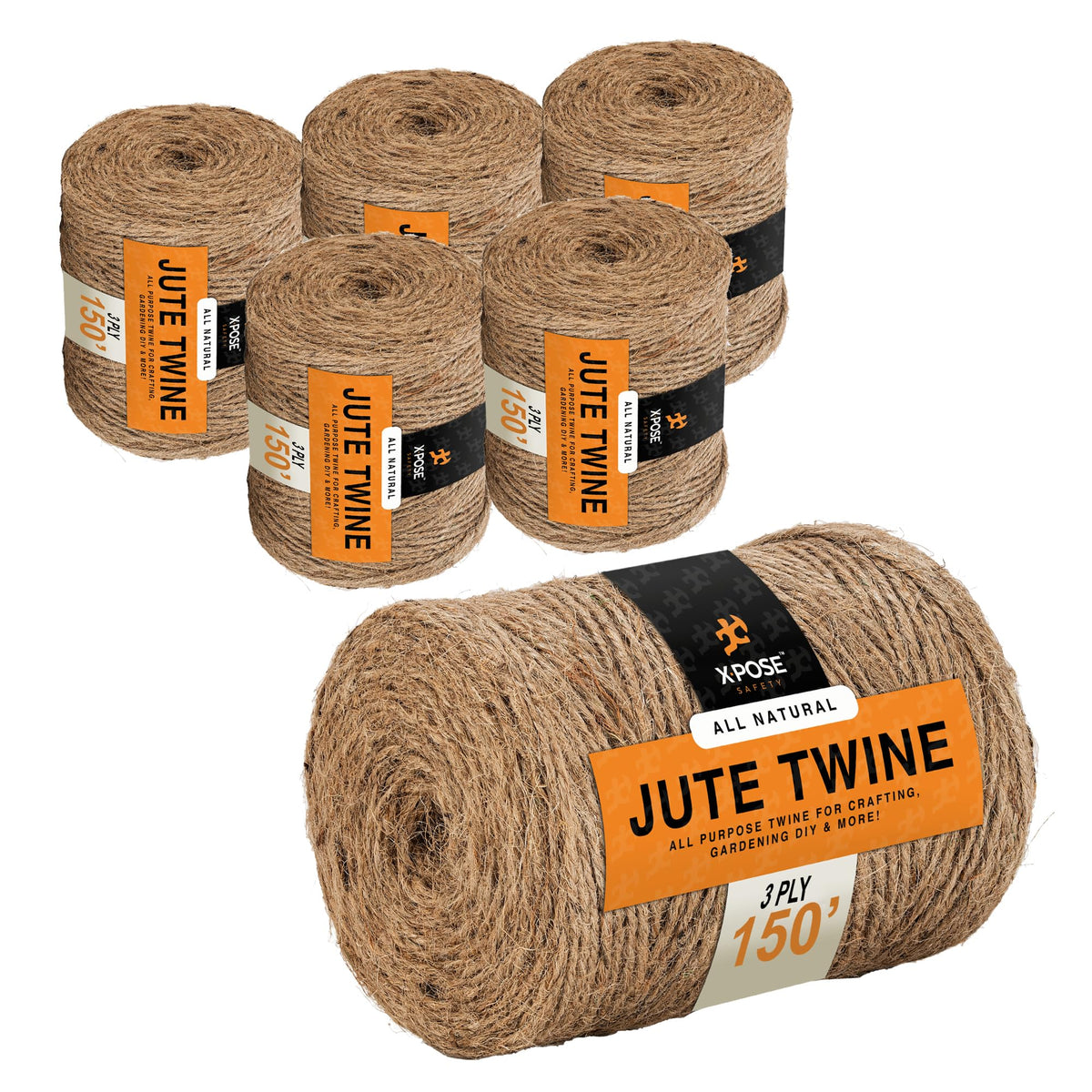 Jute Twine - 3 Ply Brown Roll 150 Feet Natural Jute String for Crafts, Packaging, Wrapping, Decorative Rope Cord for Hanging Ornaments (6 Packs)
