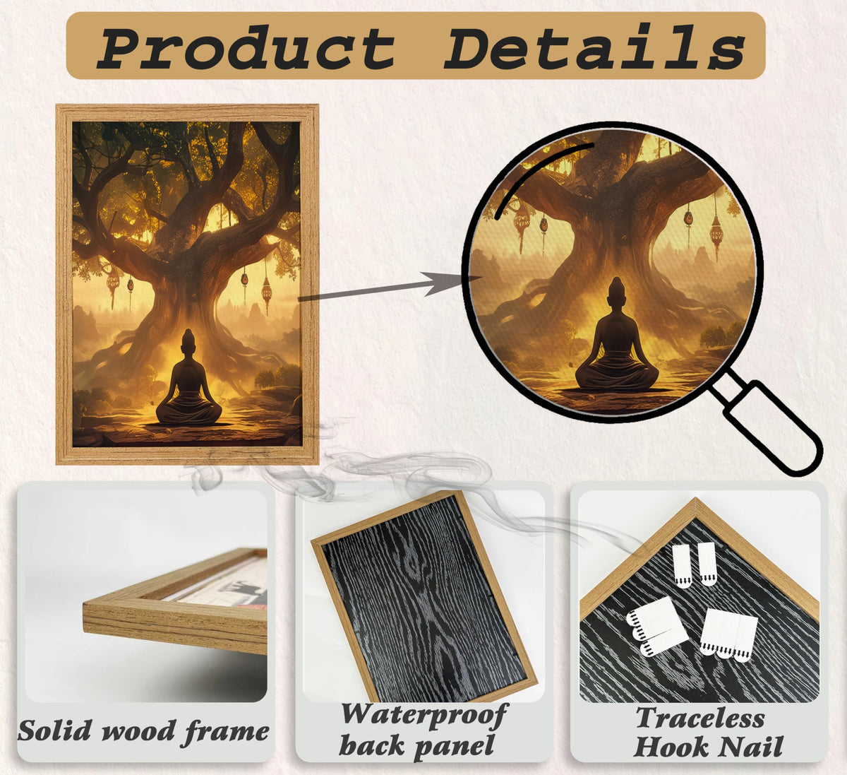 3Pcs Framed Buddha Under Bodhi Tree Canvas Wall Art，Zen Spiritual Wall Decor, Mystical Forest Lantern Poster for Living Room Bedroom Office