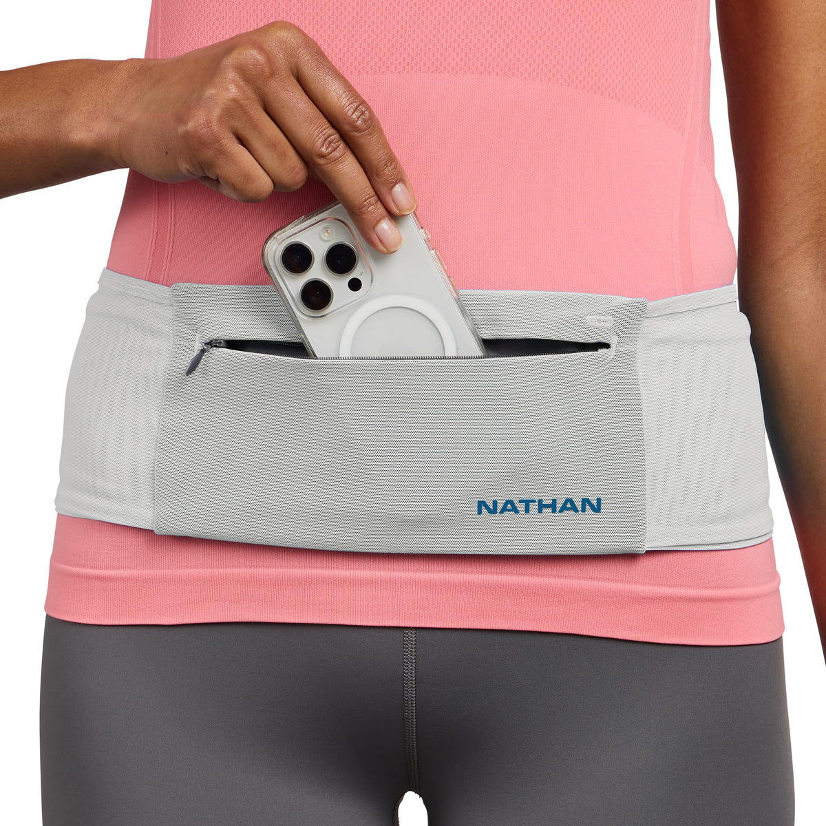 Nathan Zipster Max Running Belt, Running Belts for Women and Men, Bounce-Free Waist Pack with Extra Large Zipper Pocket, Smartphone Storage, Walking, Gym, Hiking - Vapor Grey/Sailor Blue - X-Large
