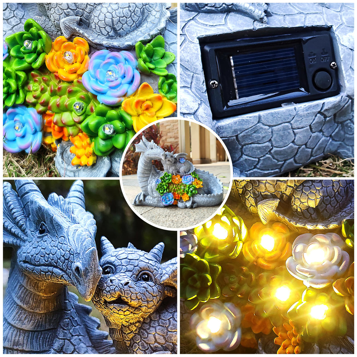 Yardancer Dragon Solar Garden Statues Outdoor Decoration with Succulent and 6 LED Lights,Dragon Figurine Solar Lights Lawn Décor,Outside Statue Ornament for Patio, Balcony, Yard,Unique Gift for Mom