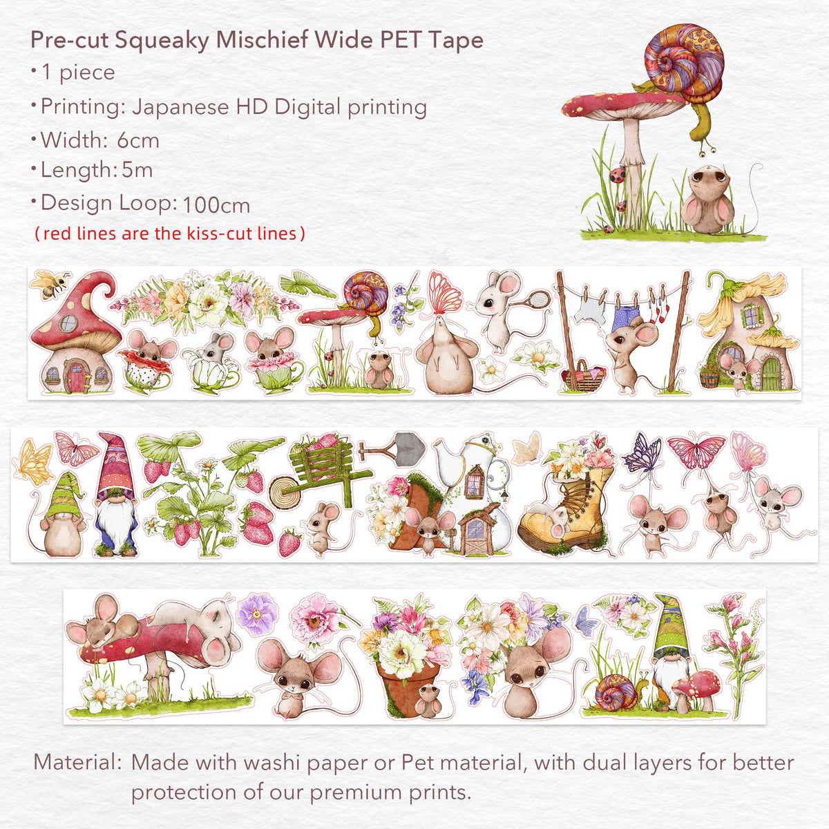 WT Pre-Cut Squeaky Mischief Wide PET Tape, 1 Roll, Original Playful Cartoon Mice & Whimsical Garden Designs, Transparent Clear Adhesive Tape for Scrapbooks, Junk Journals, Planners, DIY Crafts & Gifts