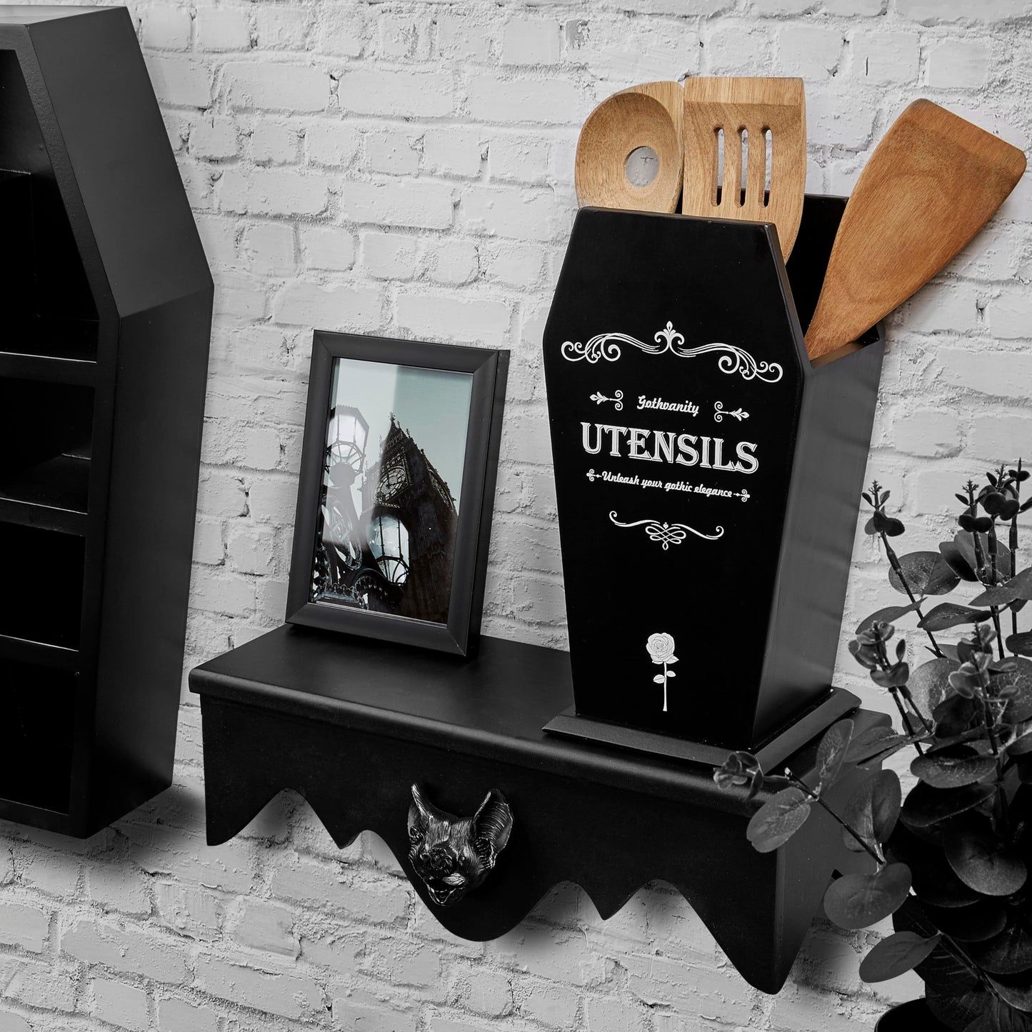 Gothvanity Gothic Coffin Utensil Holder - Large Stable Spooky Dark Aesthetic Kitchen Organizer, Wooden Black Kitchen Decor 12.5X8X5 Inches