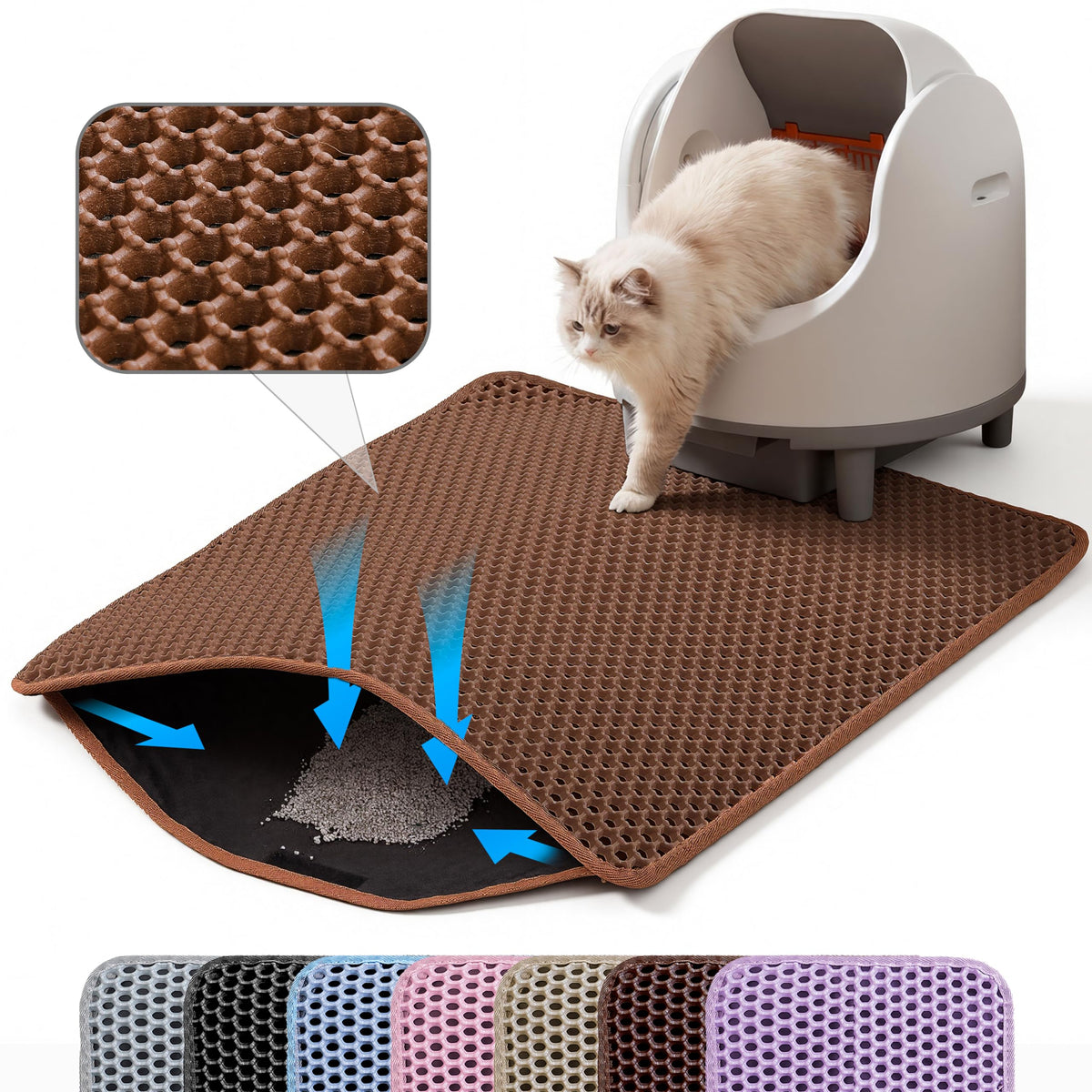 Petinstinct Jumbo Cat Litter Mat, 46x26 Inches Double Layer Honeycomb Litter Trapping Mat, Non Slip Waterproof Urine Proof Extra Large Cat Litter Box Mat, Kitten Supplies and Essentials, XXL, Brown