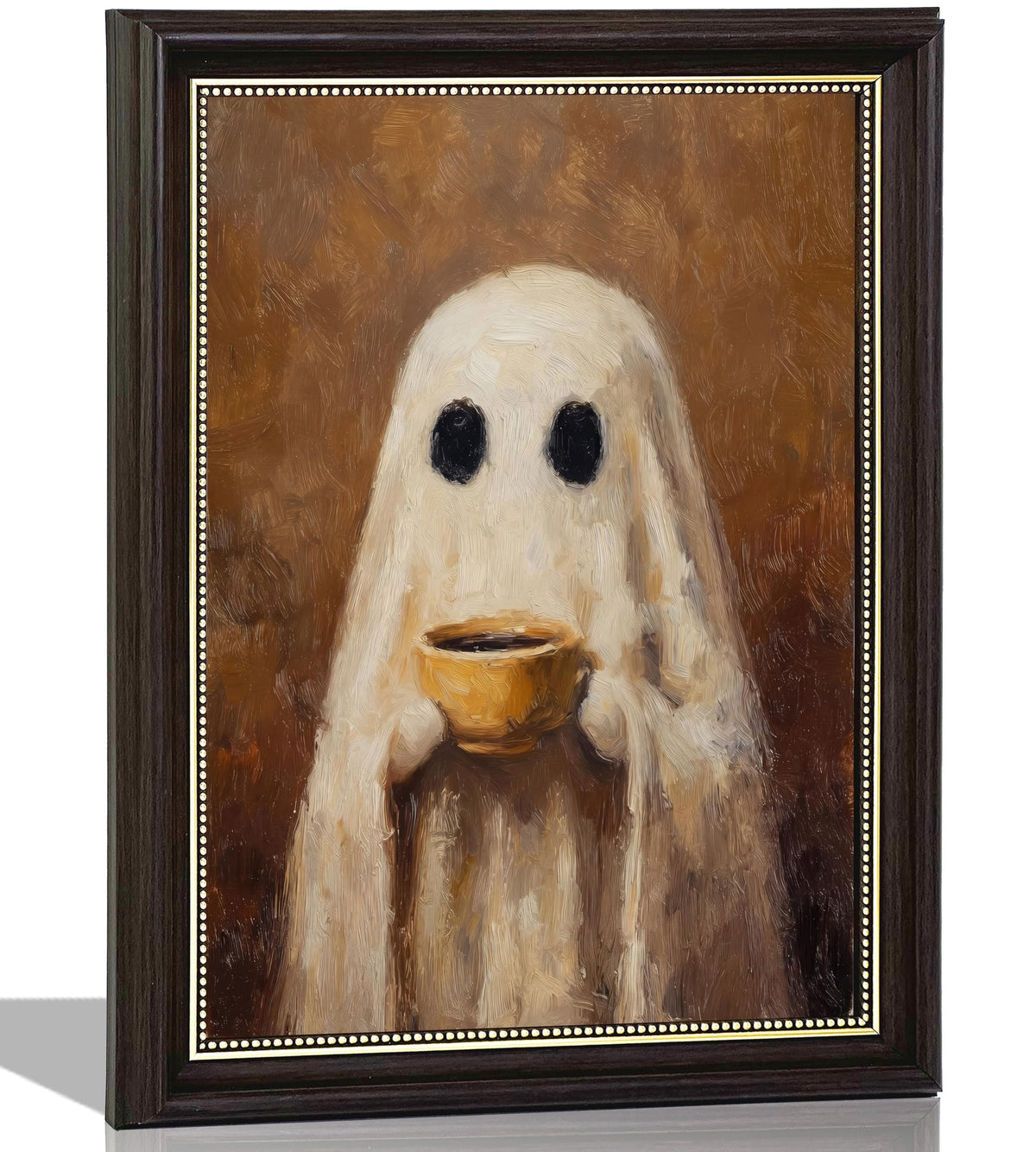 Ghost Kitchen Wall Art 9x11 Dark Brown Framed Canvas Print Cute Ghost Drinking Coffee Picture Dark Academia Coffee Bar Decor for Halloween Fall