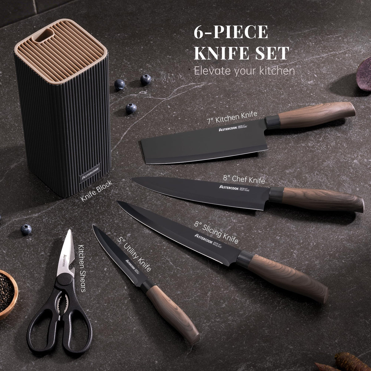 Astercook Knife Set, 6-Piece Kitchen Knife Set with Block, High Carbon Stainless Steel Ultra Sharp Kitchen Knives, Wood Grain Handle, Dishwasher Safe Knife Block Set, Black, Mothers Day Gifts
