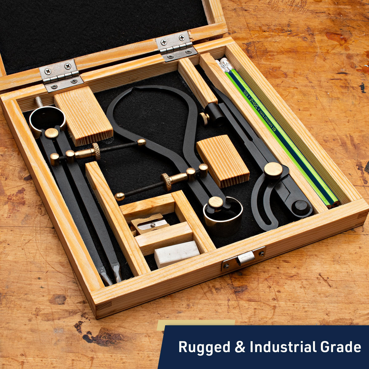 Kings County Tools 7-Piece Caliper and Compass Set | Industrial Workshop Grade Instrument | Solid Steel with Brass Fittings | Knurled Locking Nuts