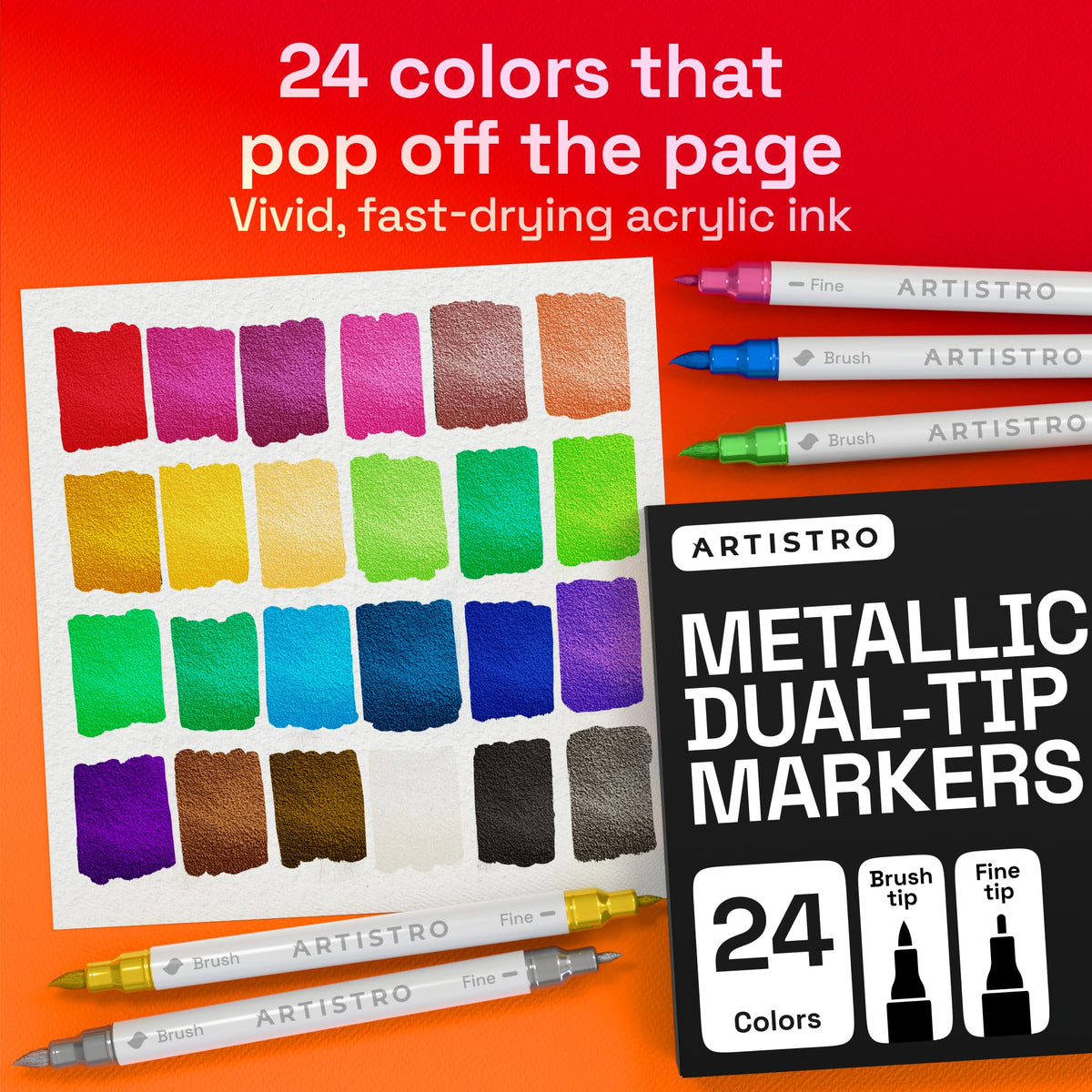 ARTISTRO 24 Metallic Acrylic Paint Markers - Paint Pens for Drawing, Brush + Fine Tips - For Fabric, Rock, Glass, Wood, DIY - Art & Craft Supplies for Adults, Teens, Kids - Teacher Appreciation Gift