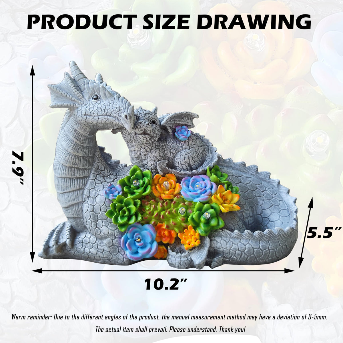 Yardancer Dragon Solar Garden Statues Outdoor Decoration with Succulent and 6 LED Lights,Dragon Figurine Solar Lights Lawn Décor,Outside Statue Ornament for Patio, Balcony, Yard,Unique Gift for Mom