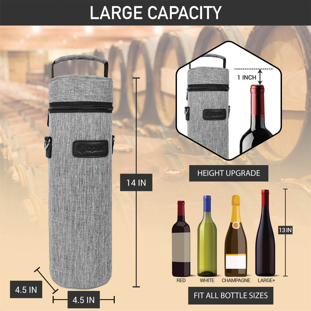 opux Wine Bag Single Bottle Carrier Tote, Insulated Wine Cooler Bag for Travel Picnic Beach with Shoulder Strap, Thermal One Bottle Holder Carrying Case Wine Gift for Women Men, Heather Light Gray