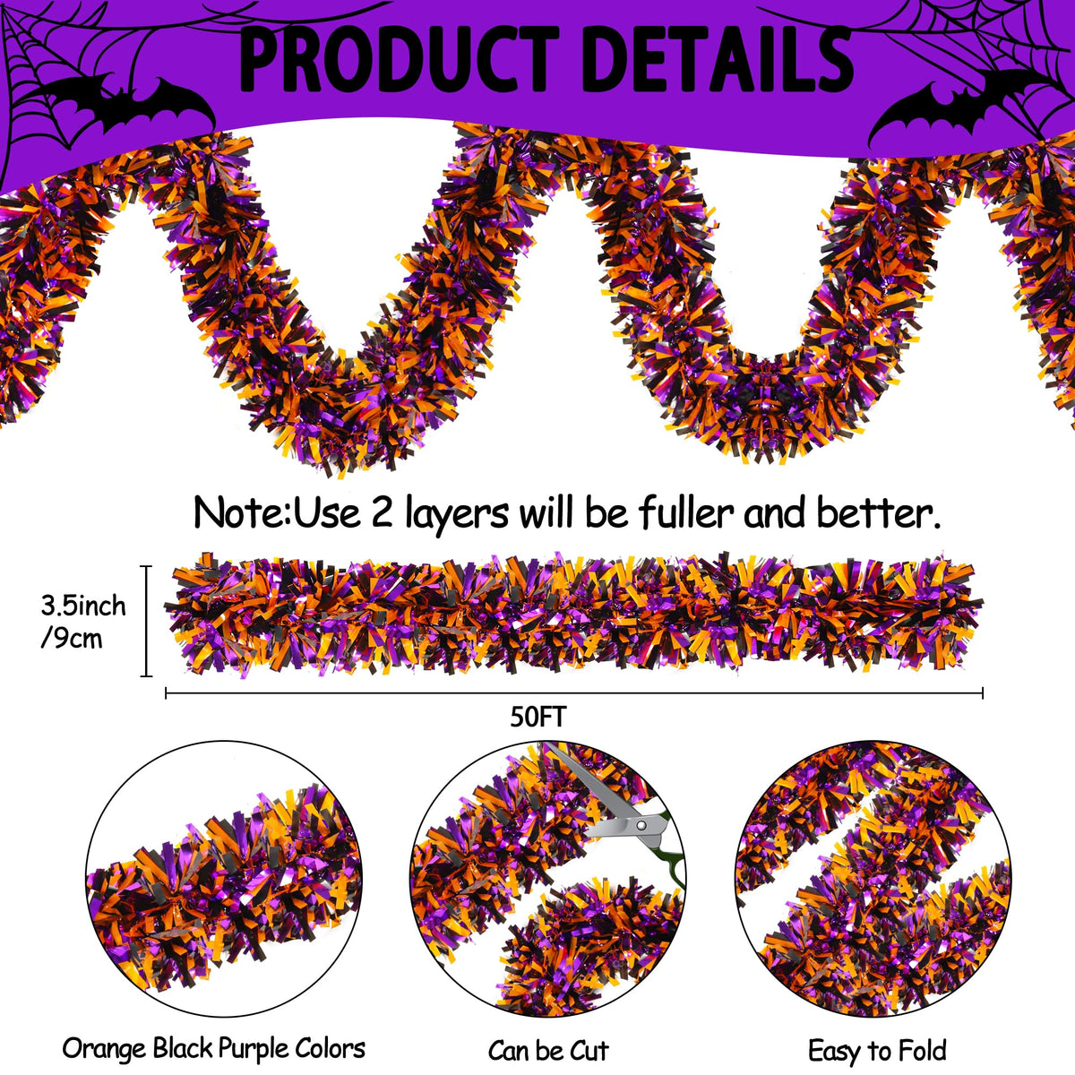 Lairyan 50FT Halloween Tinsel Garland Decorations, Shiny Orange Black Purple Metallic Twist Hanging Garland for Home Tree Stairs Indoor Outdoor Halloween Party Decorations