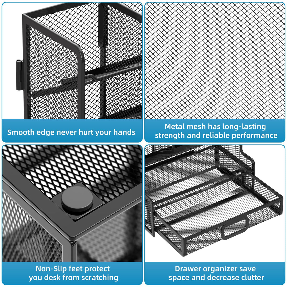 Marbrasse Larger Mesh Desk Organizer with Drawer, Multi-Functional Pen Pencil Holder, Easy Assembly, Desk Organizers and Accessories for Office Art Supplies (Black)