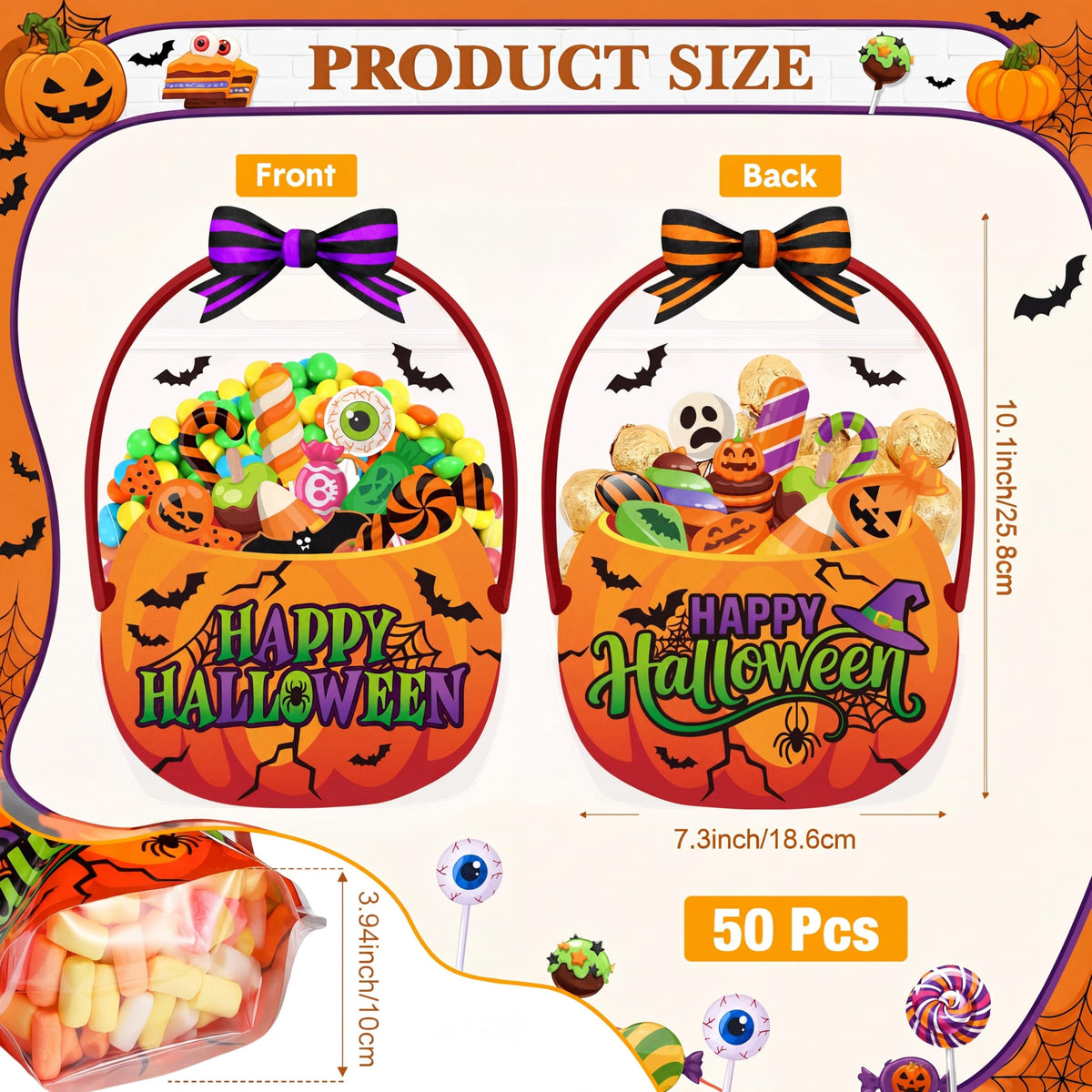 Fuutreo 50 Pcs Halloween Plastic Bags Clear Pumpkin Sealed Gift Pouches with Handles Resealable Scary Holiday Favor Bags for Halloween Holiday Party Candy Gift Wrapping Supplies Decoration