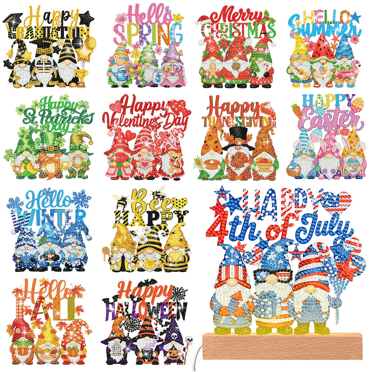 Chunful 13 Pcs Gnome Interchangeable Seasonal Diamond Art Tabletop Holiday Diamond Art Painting Kit with Wooden Light Base for Home Office Tiered Tray Tabletop Decor DIY Crafts Gifts
