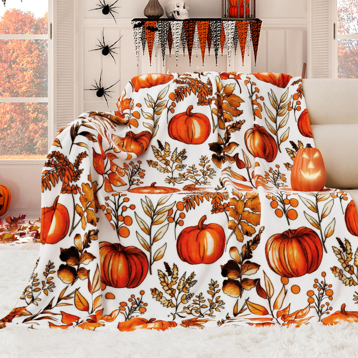 ROMROL Halloween Throw Blanket, Fall Throw Blankets, Fuzzy Fluffy Cozy Soft Throws, Pumpkin Leaves, Fleece Flannel Plush Blanket Halloween Fall Decor for Couch Bed Sofa (50" x 60")