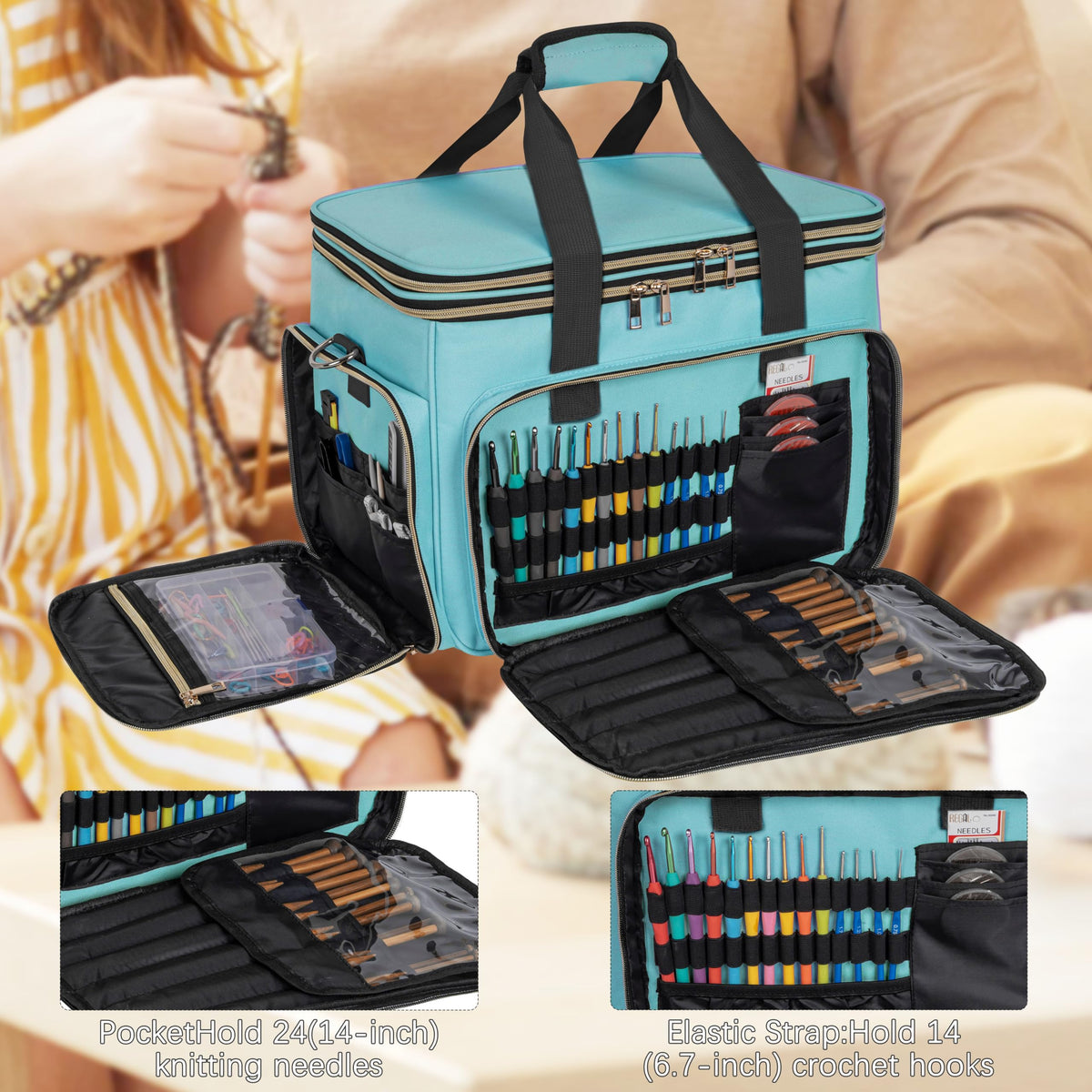 Large Knitting Bag Yarn Storage Organizer,Portable Crochet Tote Bag,Yarn Bags for Crocheting On The Go for Knitting Needles, Crochet Hooks, Knitting Accessories, Unfinished Project