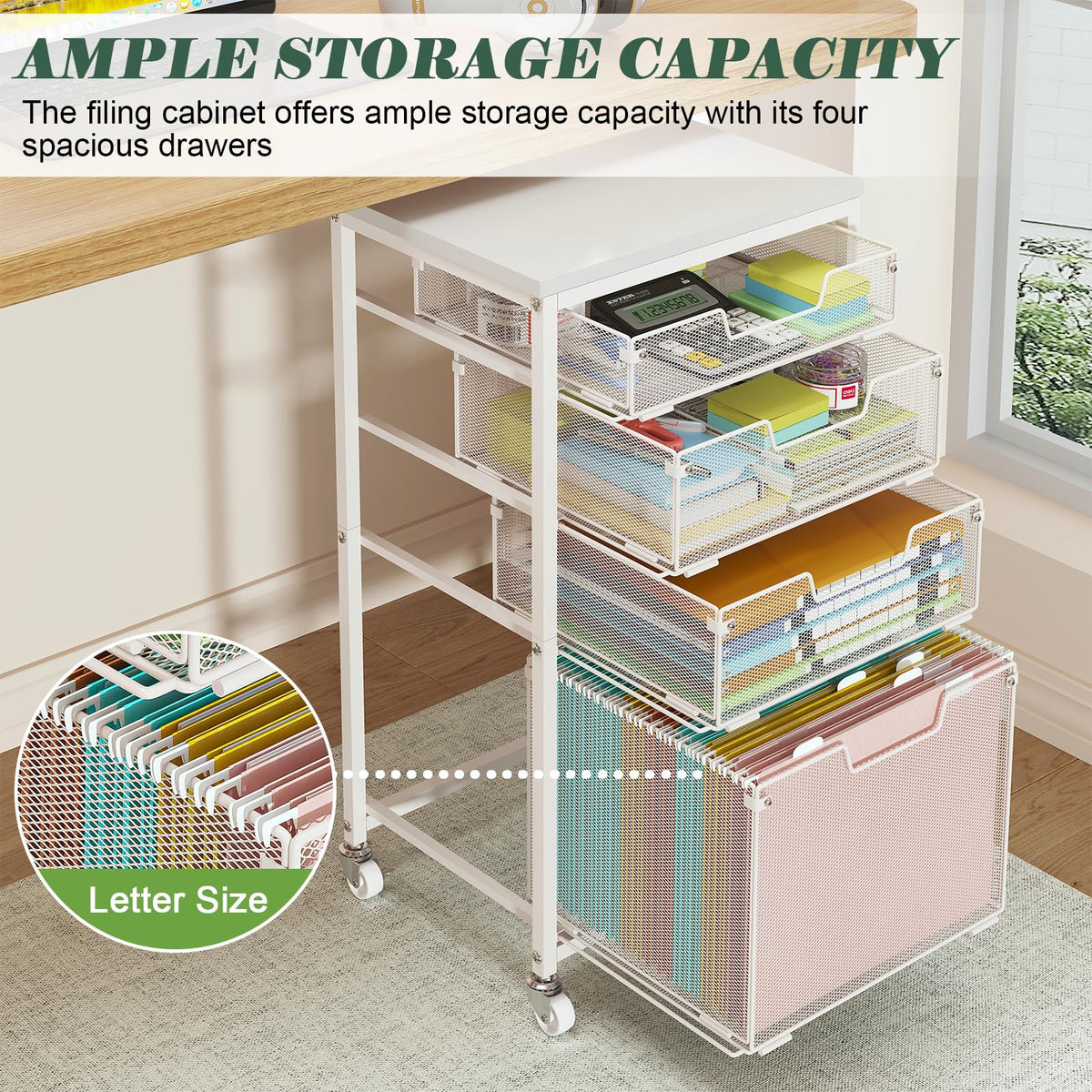 Sbanmao 4 Drawer Rolling File Cart with Wheels, Mobile Filing Cabinet for Home Office, Hanging File Organizer, Under Desk Storage, Multifunctional Utility Cart Printer Stand, White