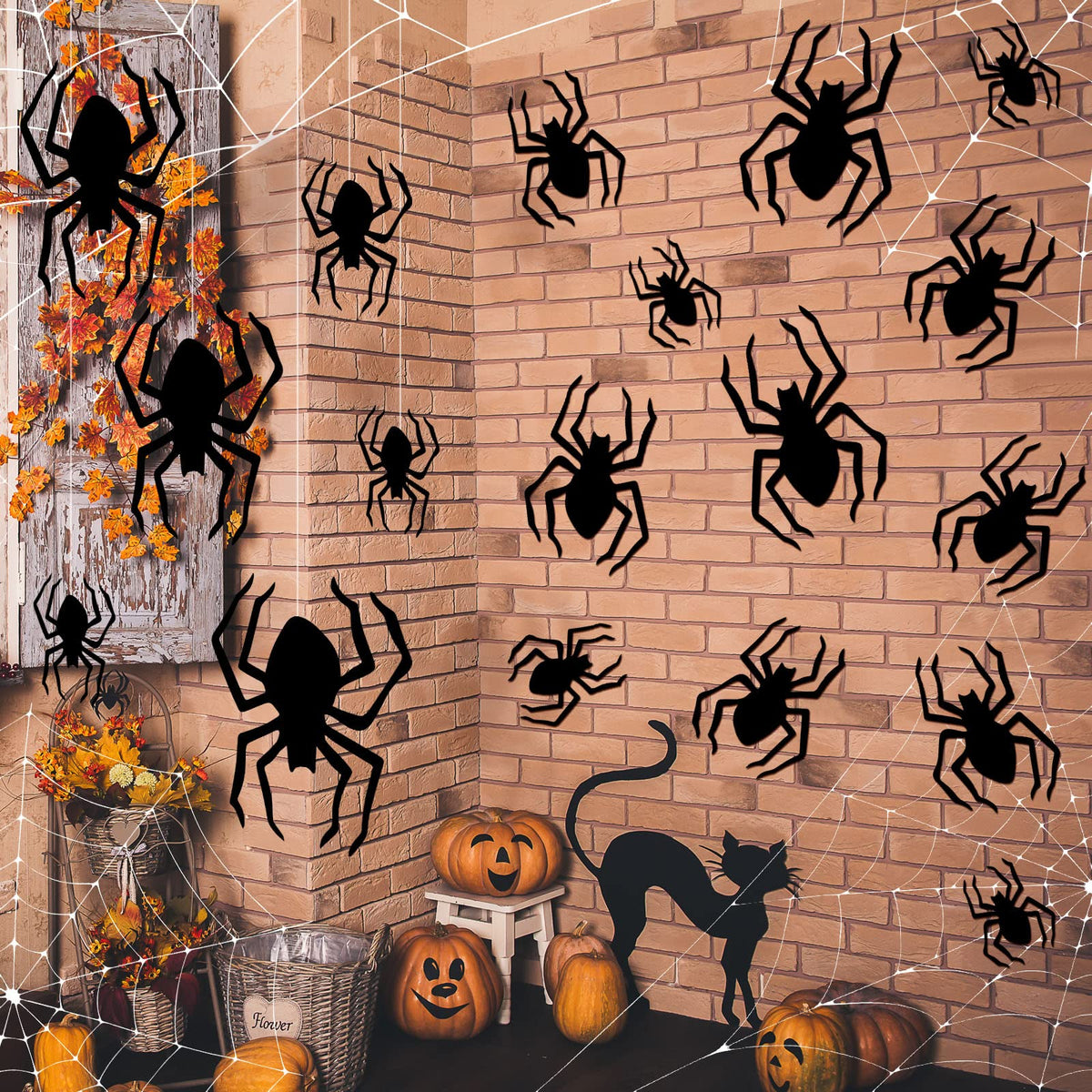 Ferraycle 18 Pcs Halloween Spider Decorations Scary Spider Ornaments Halloween Creepy Hanging Decor Outside Large Decoration for Wall Yard Garden House Decor