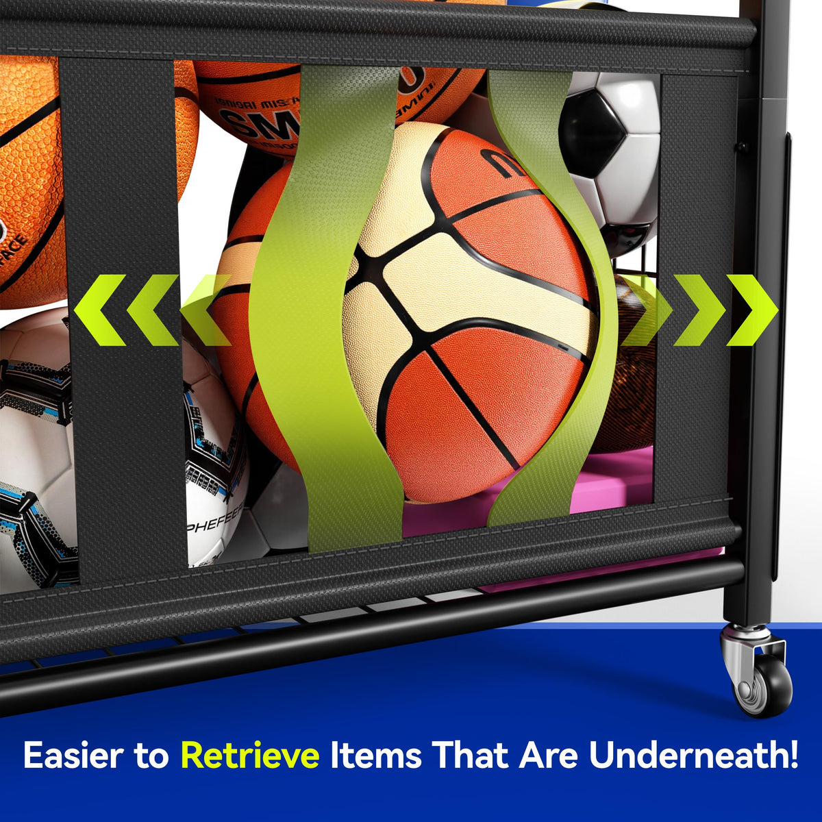 Keepmisc Sports Equipment Organizer, Rolling Ball Storage Cart with Locking Wheels, Hooks & Bat Rack