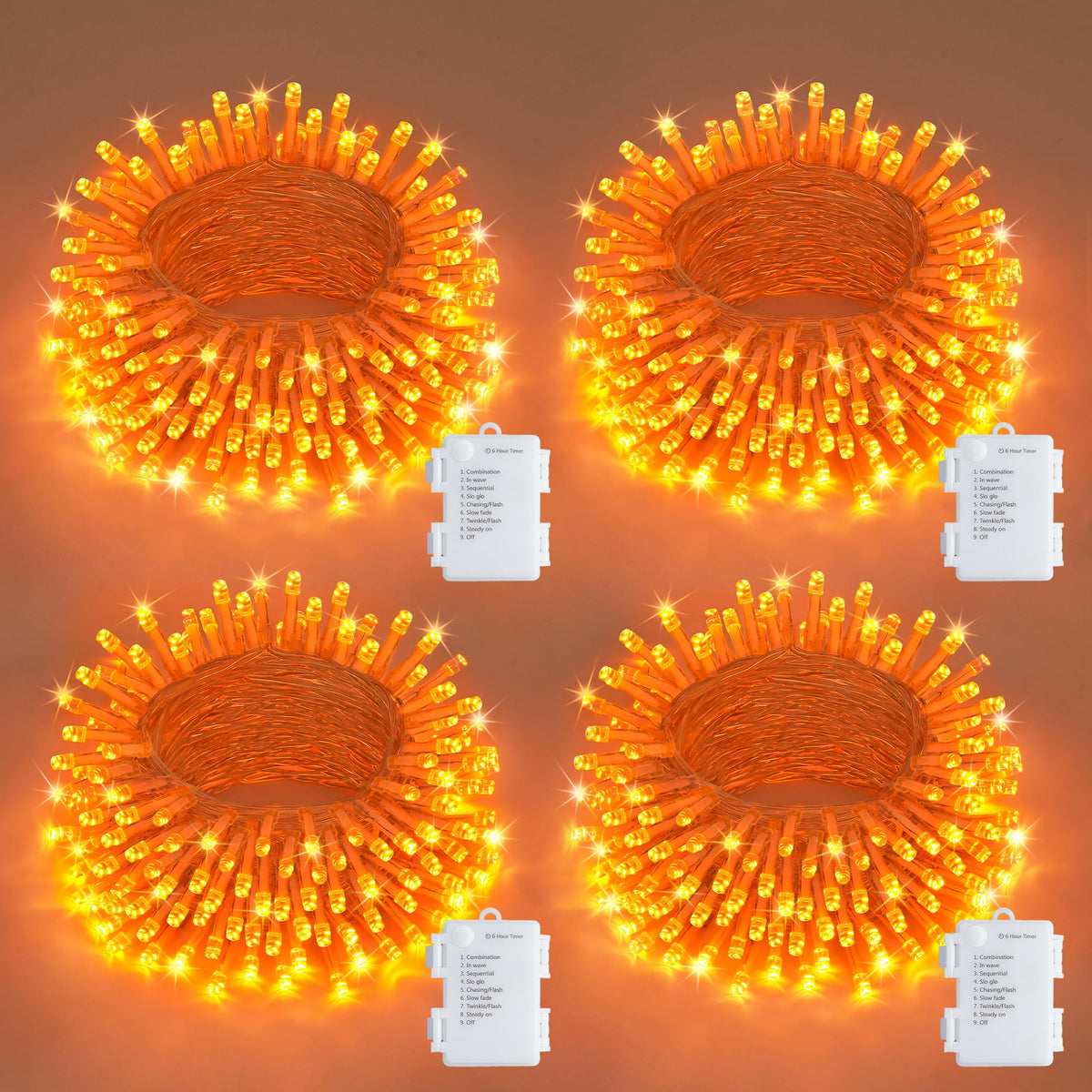JMEXSUSS 4 Pack 50 LED Battery Operated String Lights Orange, Each 16.5ft Halloween String Lights with Timer, 8 Modes Orange Halloween Light Indoor Outdoor for Garland Party Fall Decoration