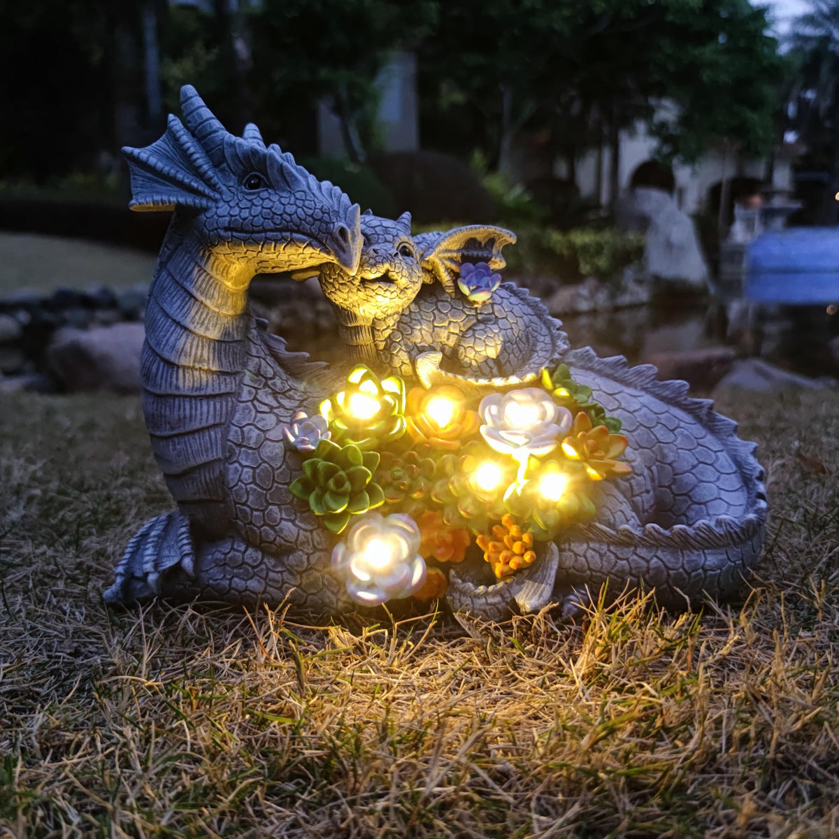 Yardancer Dragon Solar Garden Statues Outdoor Decoration with Succulent and 6 LED Lights,Dragon Figurine Solar Lights Lawn Décor,Outside Statue Ornament for Patio, Balcony, Yard,Unique Gift for Mom
