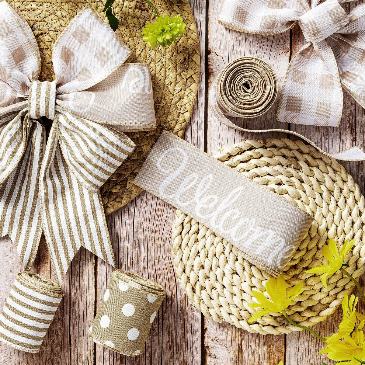 20 Yards Farmhouse Ribbon 4 Rolls Welcome Stripe Dot Buffalo Plaid Wired Ribbon Rustic Polyester for Summer Wreaths Assorted DIY Present Wrapping Floral Bow Craft Deco(Natural)