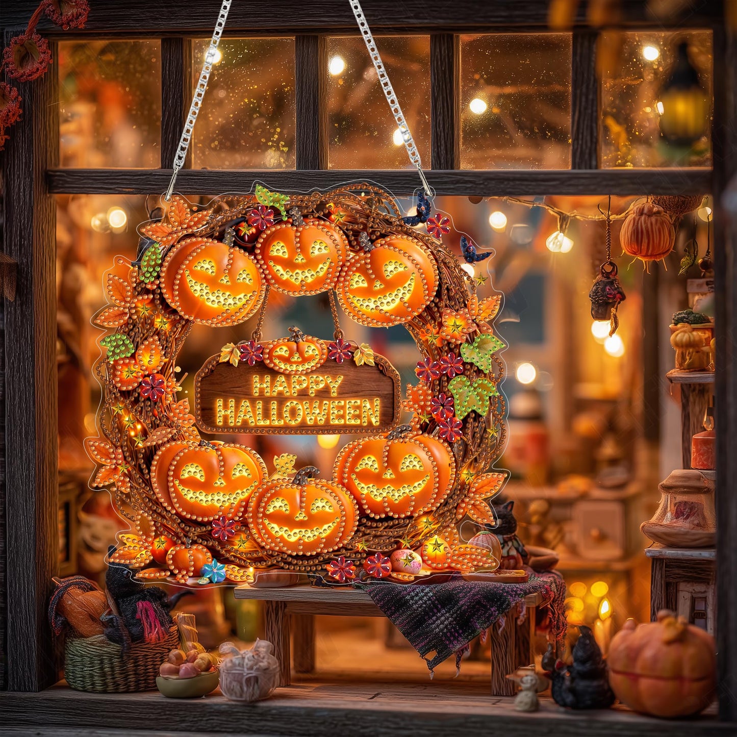 Eiflow Diamond Art Hanging Kit for Adults Halloween Wreath, DIY Diamonds Pearl Painting Door Hanger Board Kit, Special Crystal Diamond Art Painting Pendant Ornament (Happy Halloween)