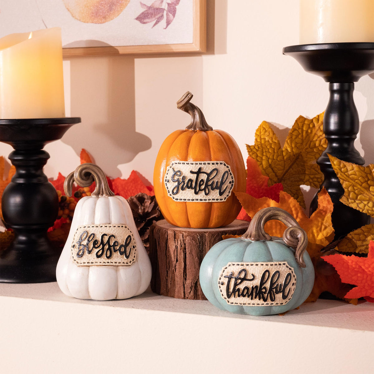 Valery Madelyn Pumpkins Fall Table Decor for Home, Set of 3 Resin Decorative Pumpkins Figurines Decor Indoor Tabletop Centerpieces Harvest Autumn Thanksgiving Dining Room Shelf Decoration, 6.3 inch