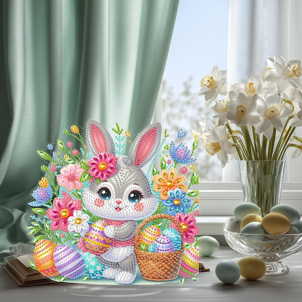 Yunzlly Easter Diamond Art Tabletop Kit, Desktop Gem Painting Ornament Kit for Adults, Table Top Acrylic Diamond Board Painting with Stand (Easter Bunny)