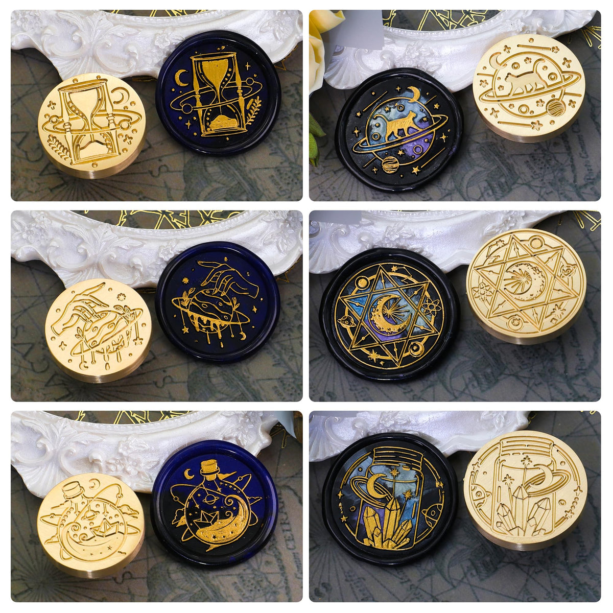 SWANGSA Magic Space Wax Seal Stamp Gift Box Set, Vintage 6 Sealing Stamp Heads + 1 Wooden Hilt, Wax Stamp Kit for Party Invitations, Envelops, Cards and Gift Packaging (Magic Space)