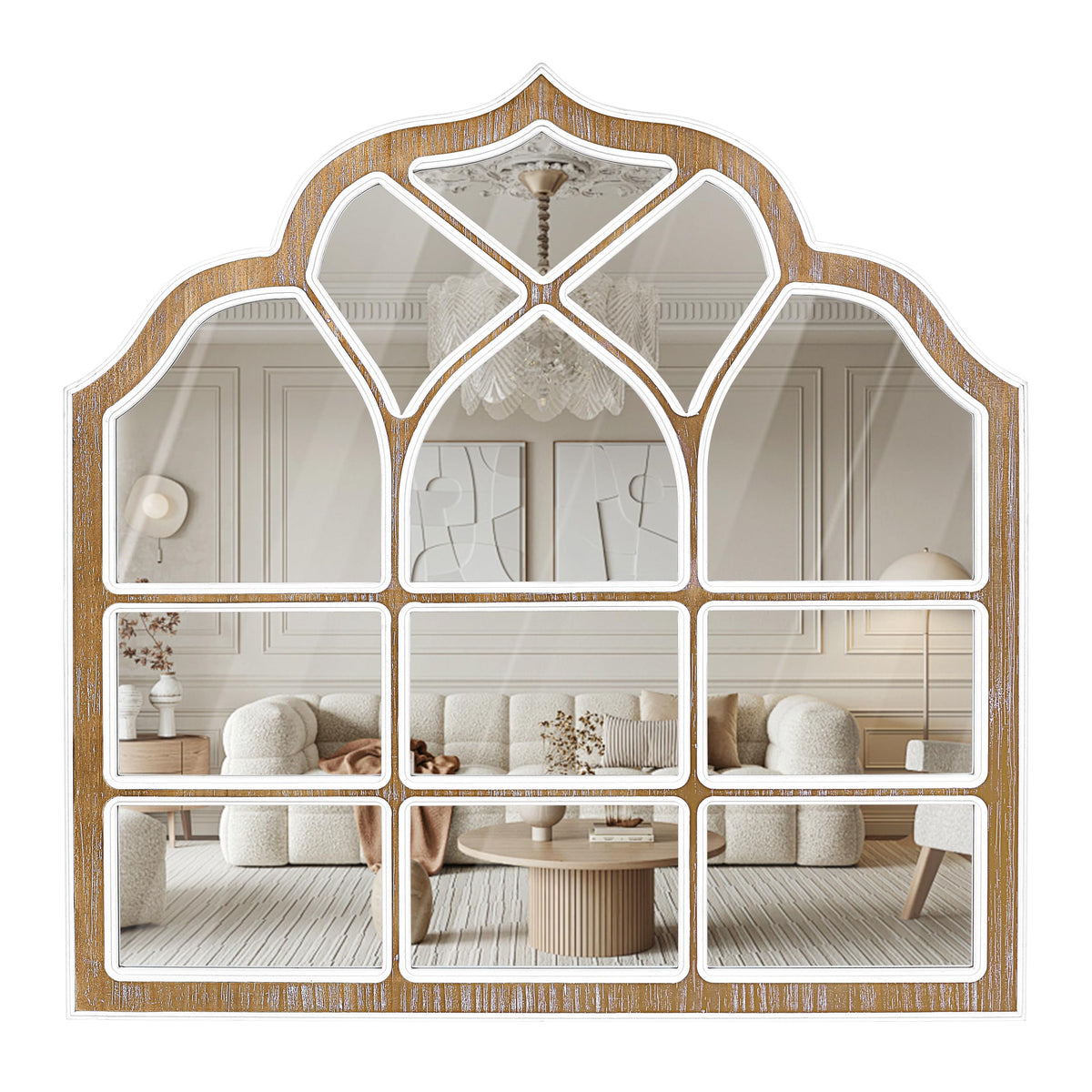 XGGJWW 36x36 Inch Window Pane Wall Mirror, Farmhouse Gothic Arched Mirror, Rustic Decorative Cathedral Mirror for Living Room Entryway Home Decor