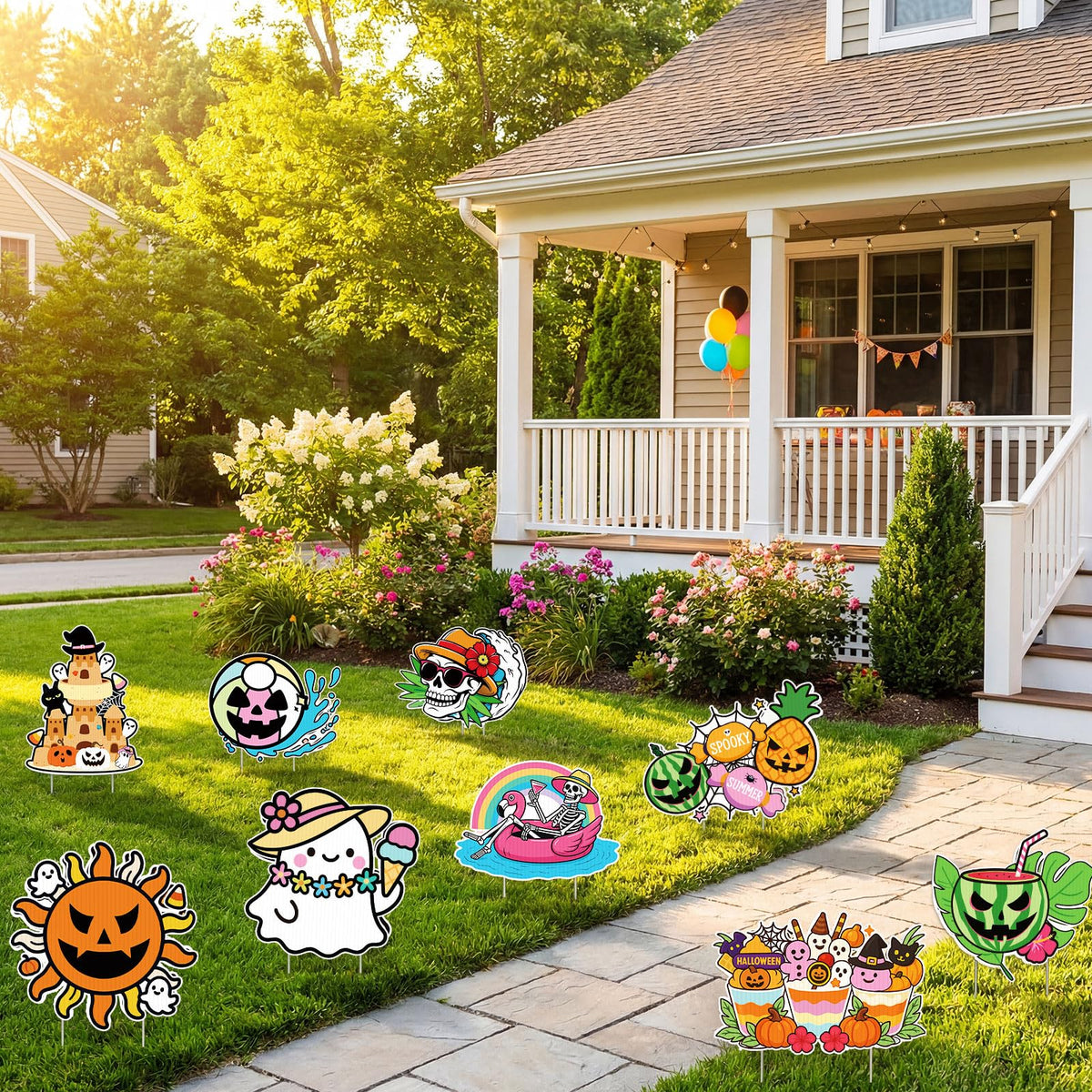 SiliFine 9 Pcs Summer Halloween Yard Decor Signs with Stakes Outdoor Plastic Lawn Decorations, Skeleton Ghost Pumpkin Beach Sand Themed for Summer Halloween Party Garden Decorations